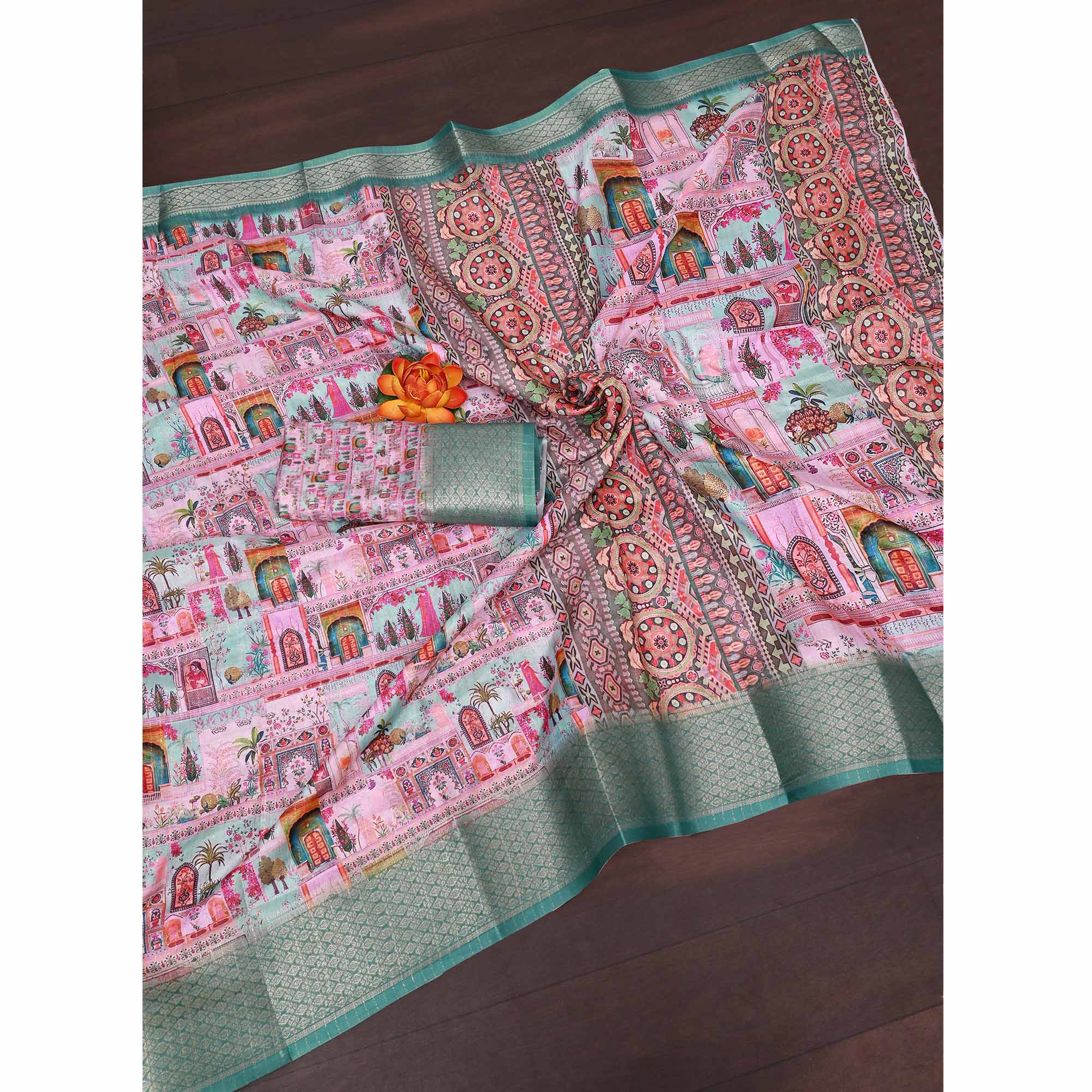Pink & Green Printed Dola Silk Saree With Elegant Silver Zari & Intricate Weaving Border