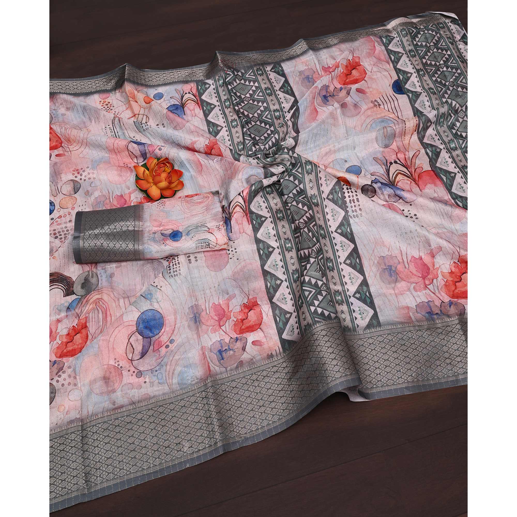 Pink & Grey Floral Printed Dola Silk Saree With Elegant Silver Zari & Intricate Weaving Border