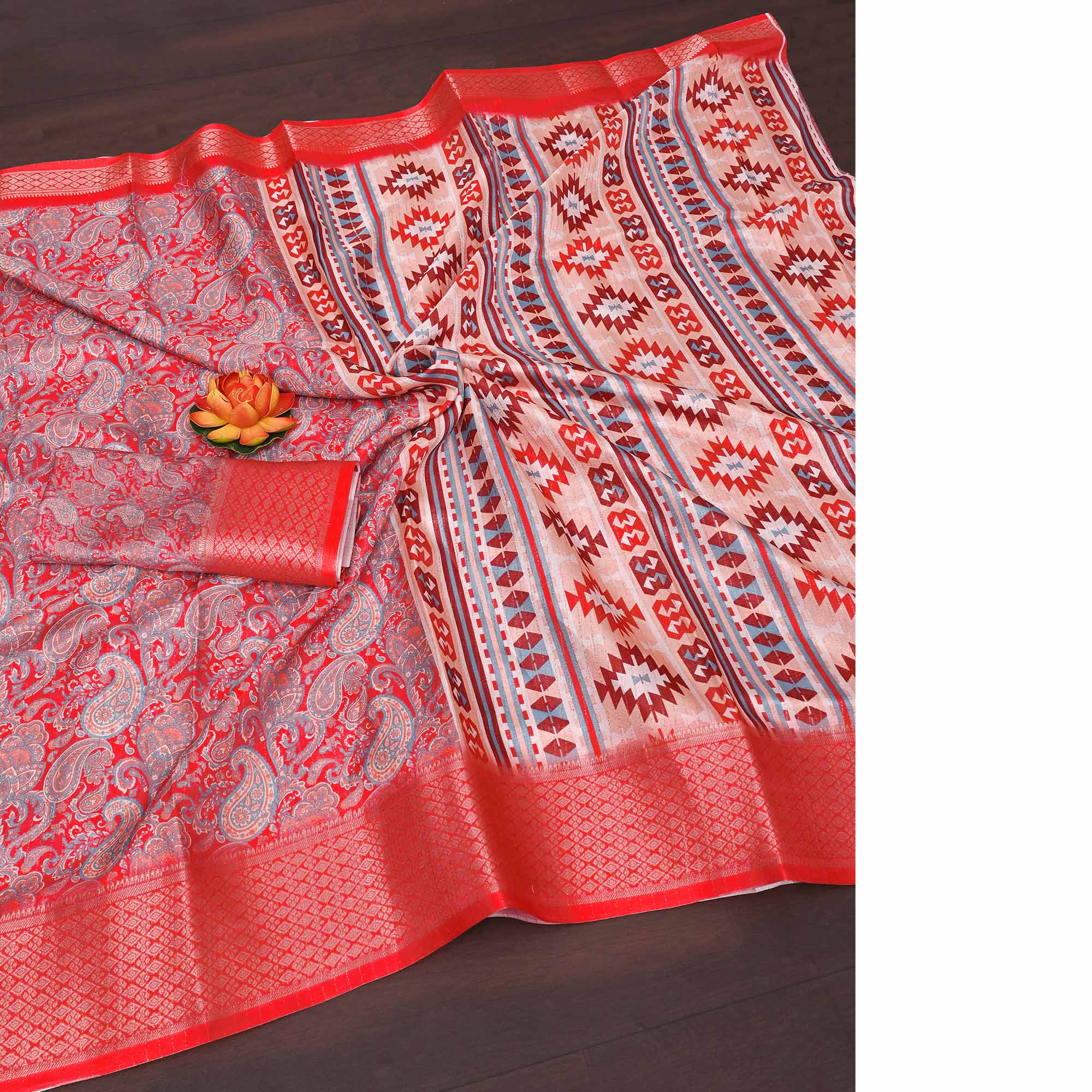 Red Paisley Printed Dola Silk Saree With Elegant Silver Zari & Intricate Weaving Border