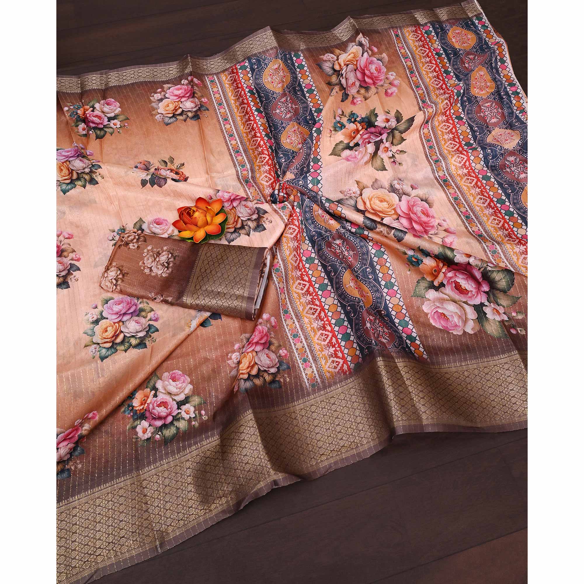 Brown Floral Printed Dola Silk Saree With Elegant Silver Zari & Intricate Weaving Border