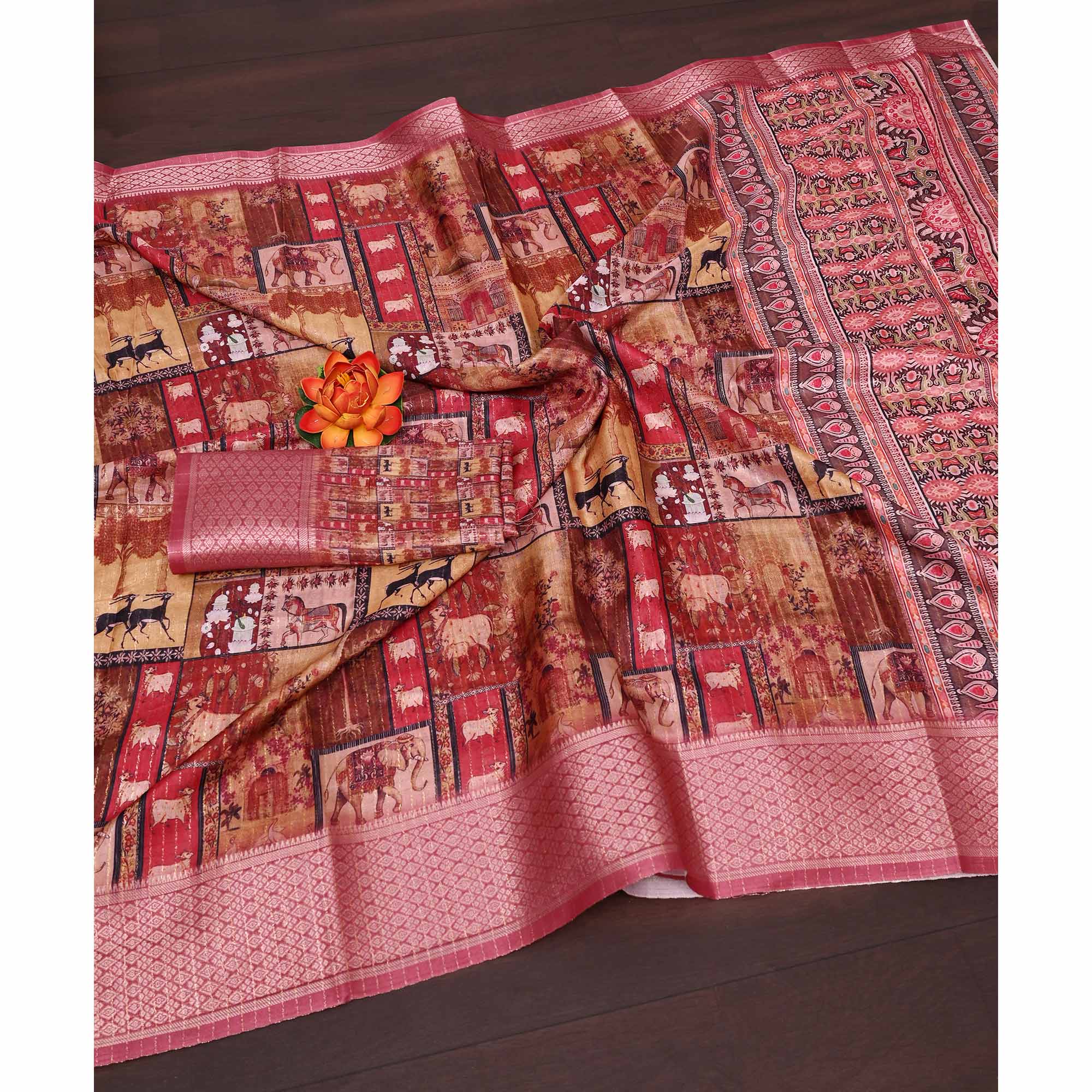 Multicolor Printed Dola Silk Saree With Elegant Silver Zari & Intricate Weaving Border