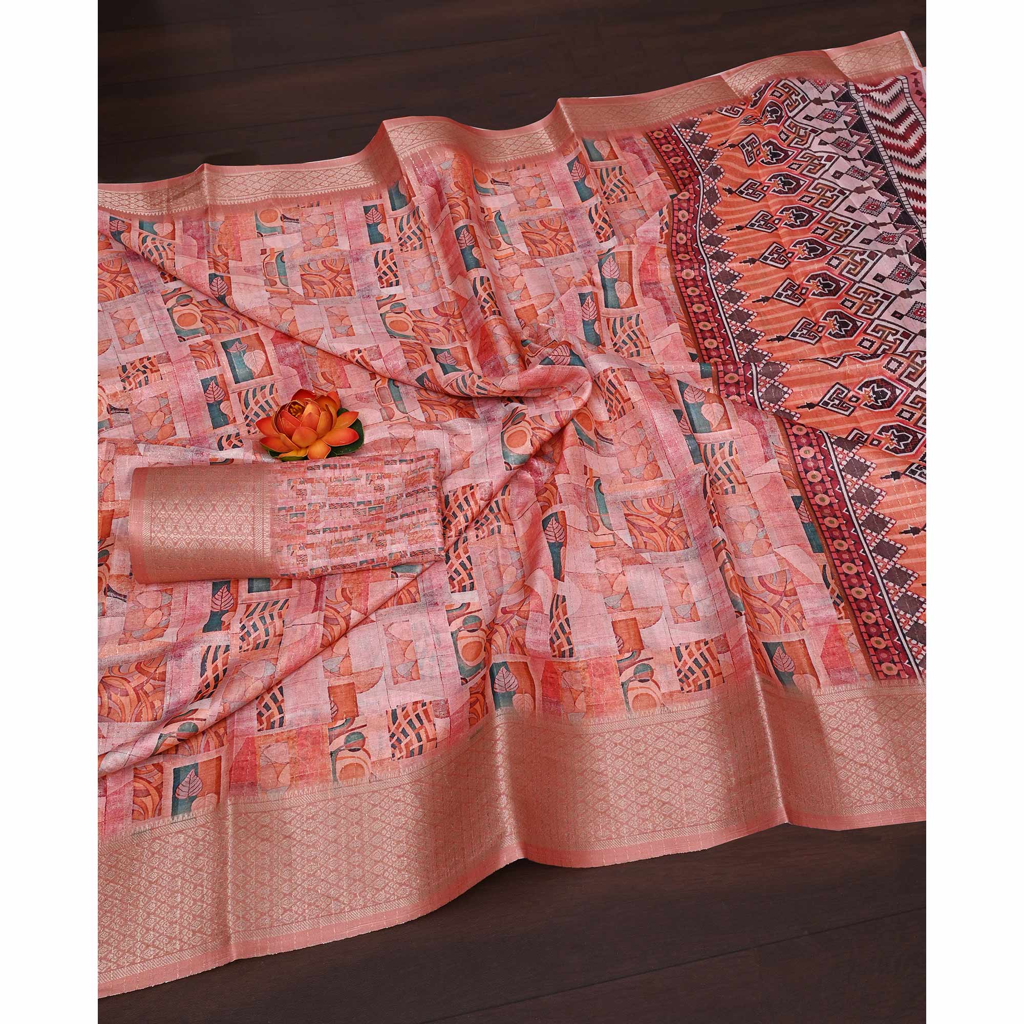 Light Peach Geometric Printed Dola Silk Saree With Elegant Silver Zari & Intricate Weaving Border