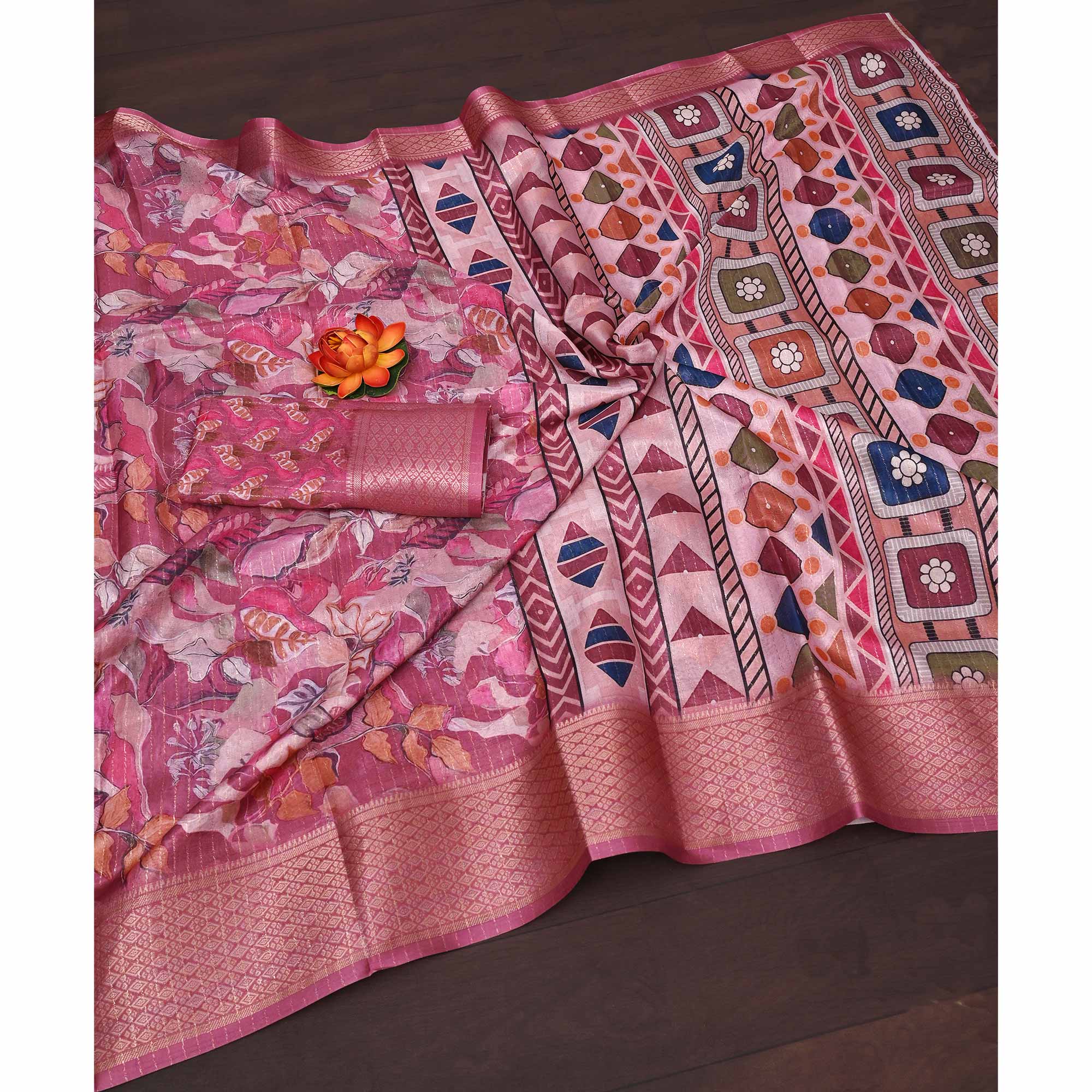 Onion Pink Floral Printed Dola Silk Saree With Elegant Silver Zari & Intricate Weaving Border
