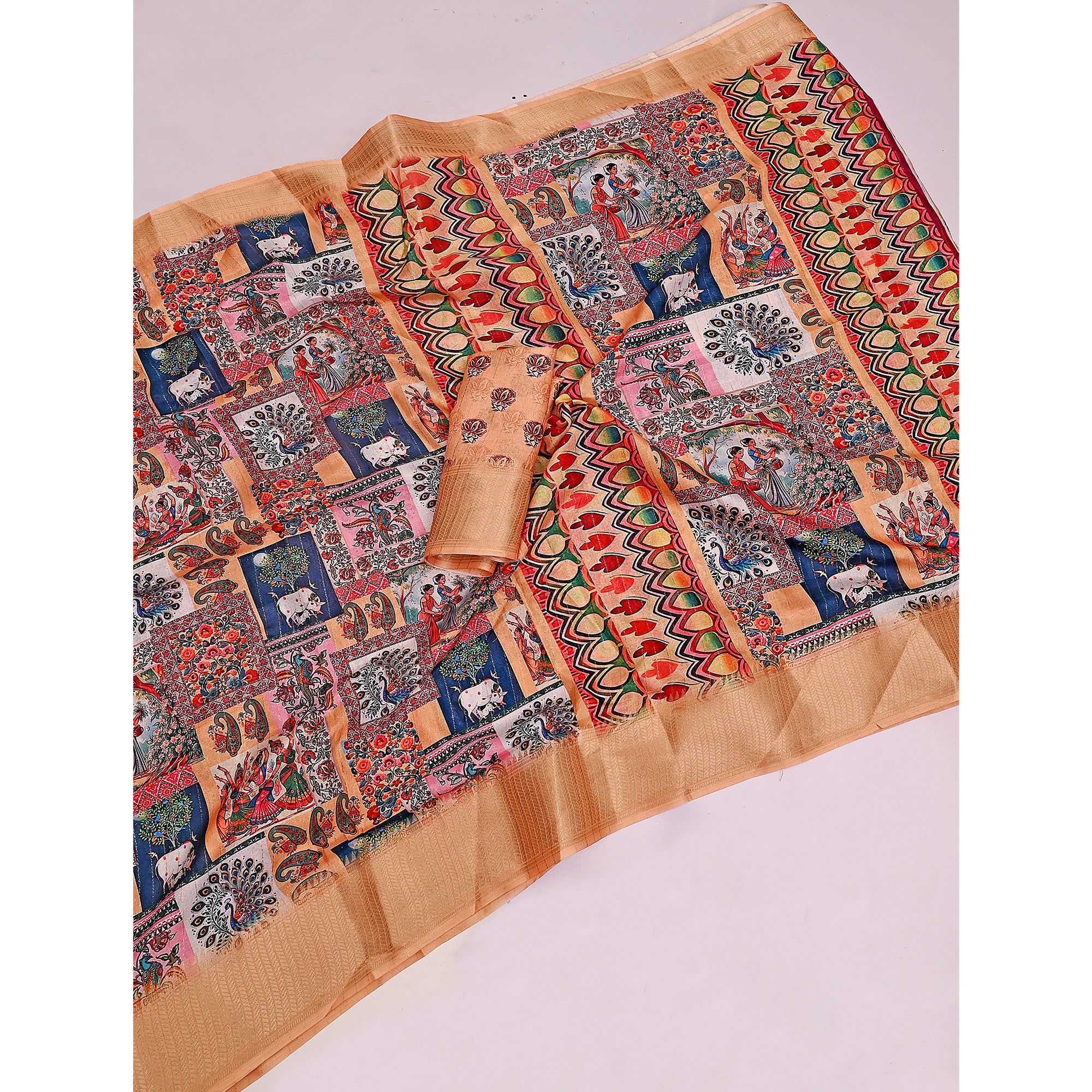 Peach Floral Printed Dola Silk Saree With Elegant Silver Zari & Intricate Weaving Border