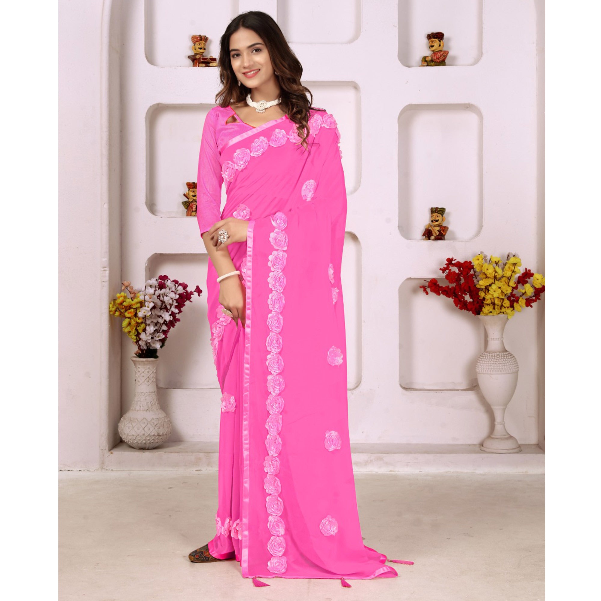 Pink Ribbon Flower Embroidered Georgette Saree