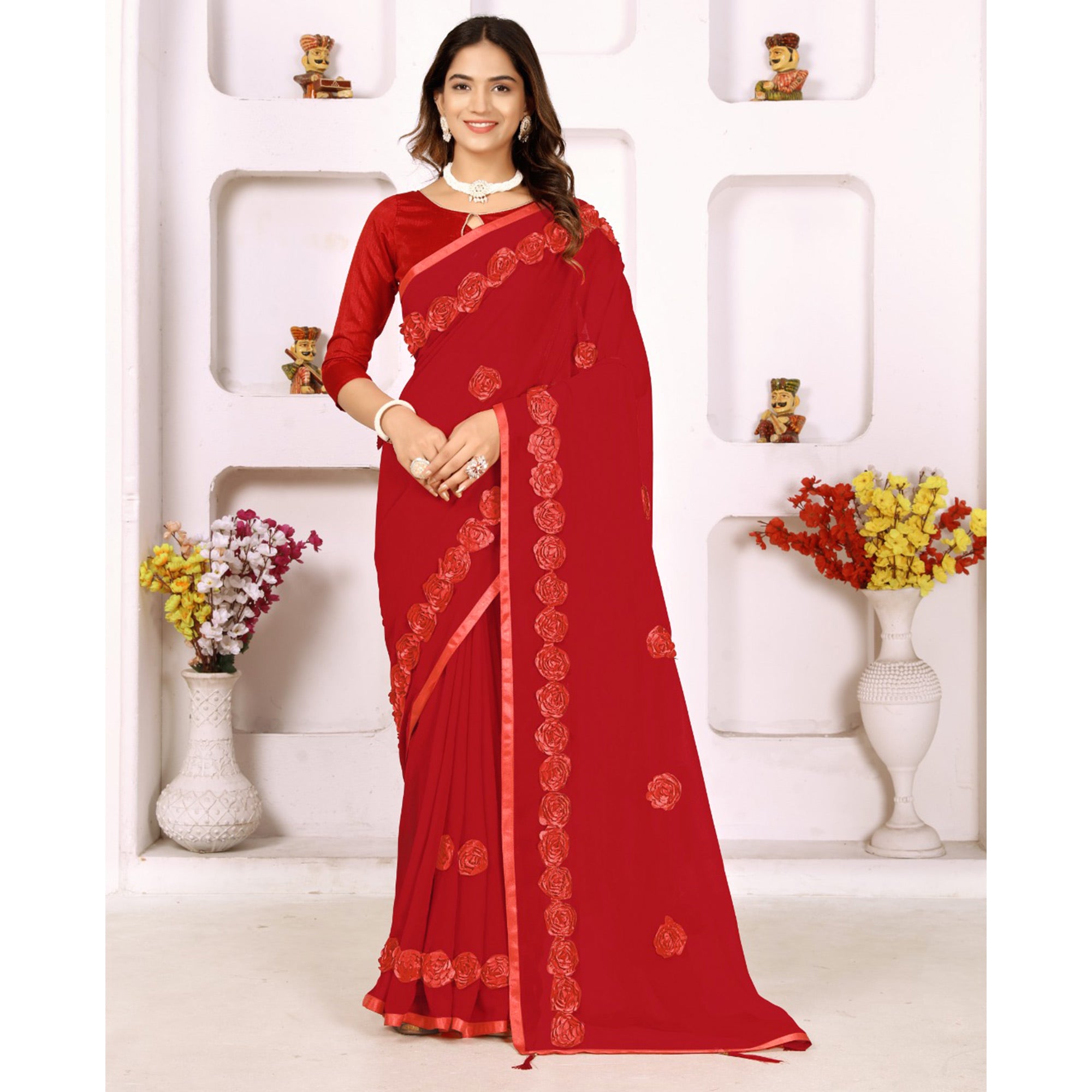 Red Ribbon Flower Embroidered Georgette Saree