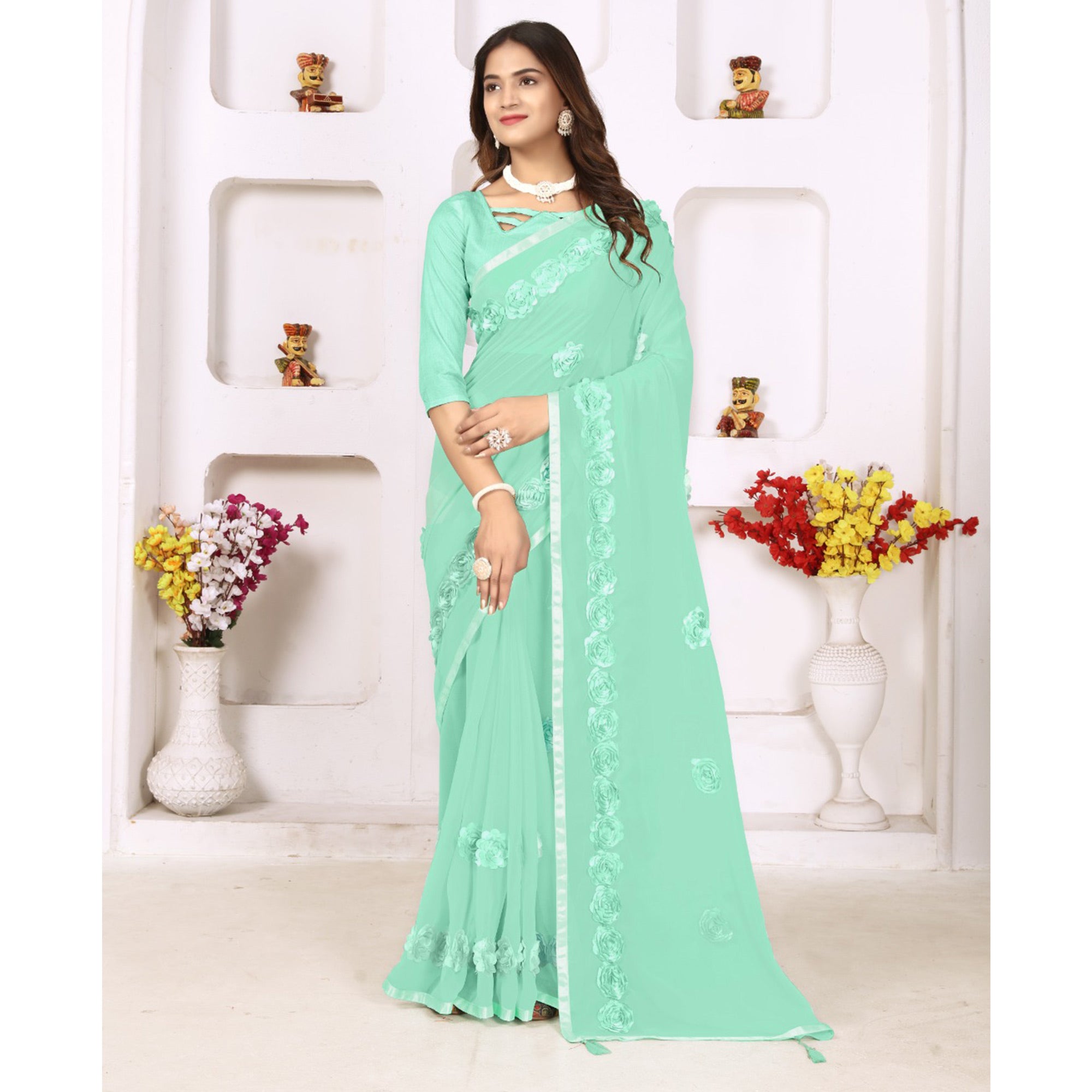 Sea Green Ribbon Flower Embroidered Georgette Saree