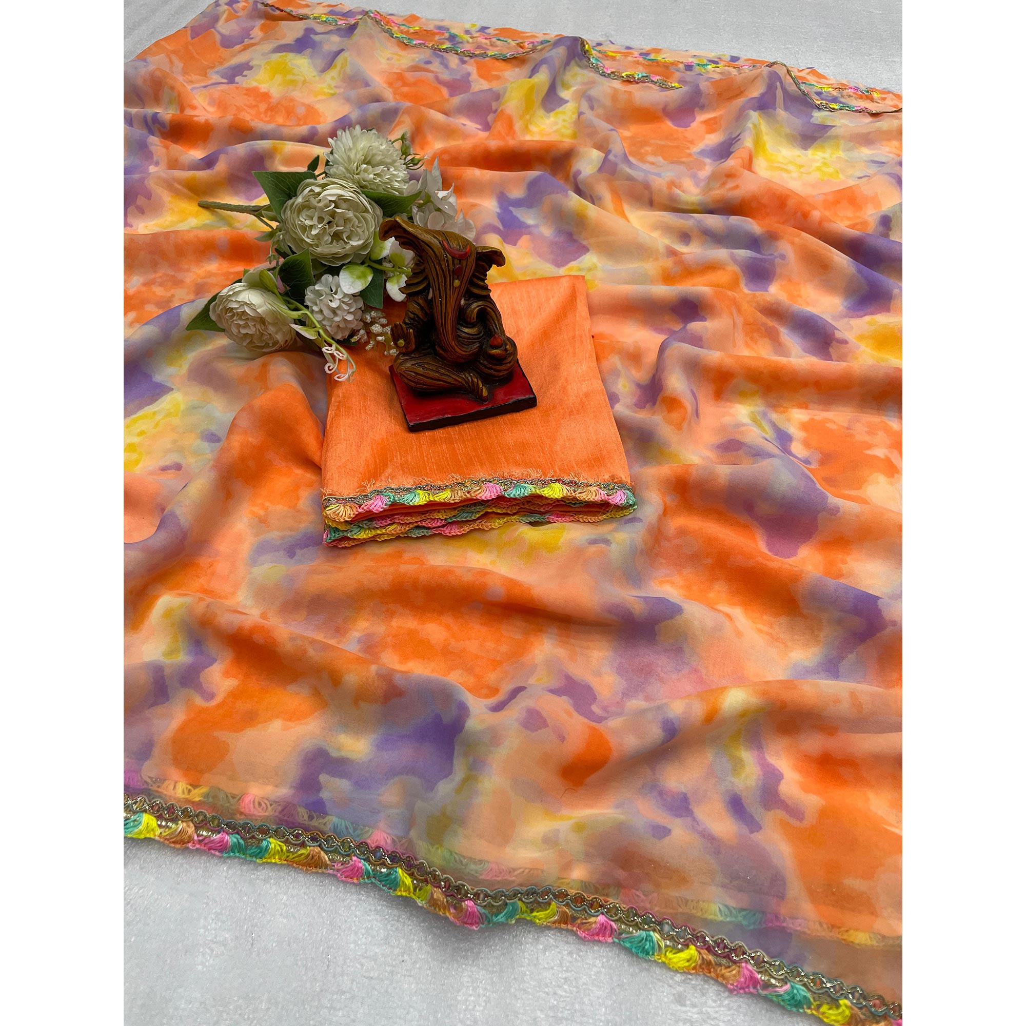 Orange Abstract Printed Georgette Saree