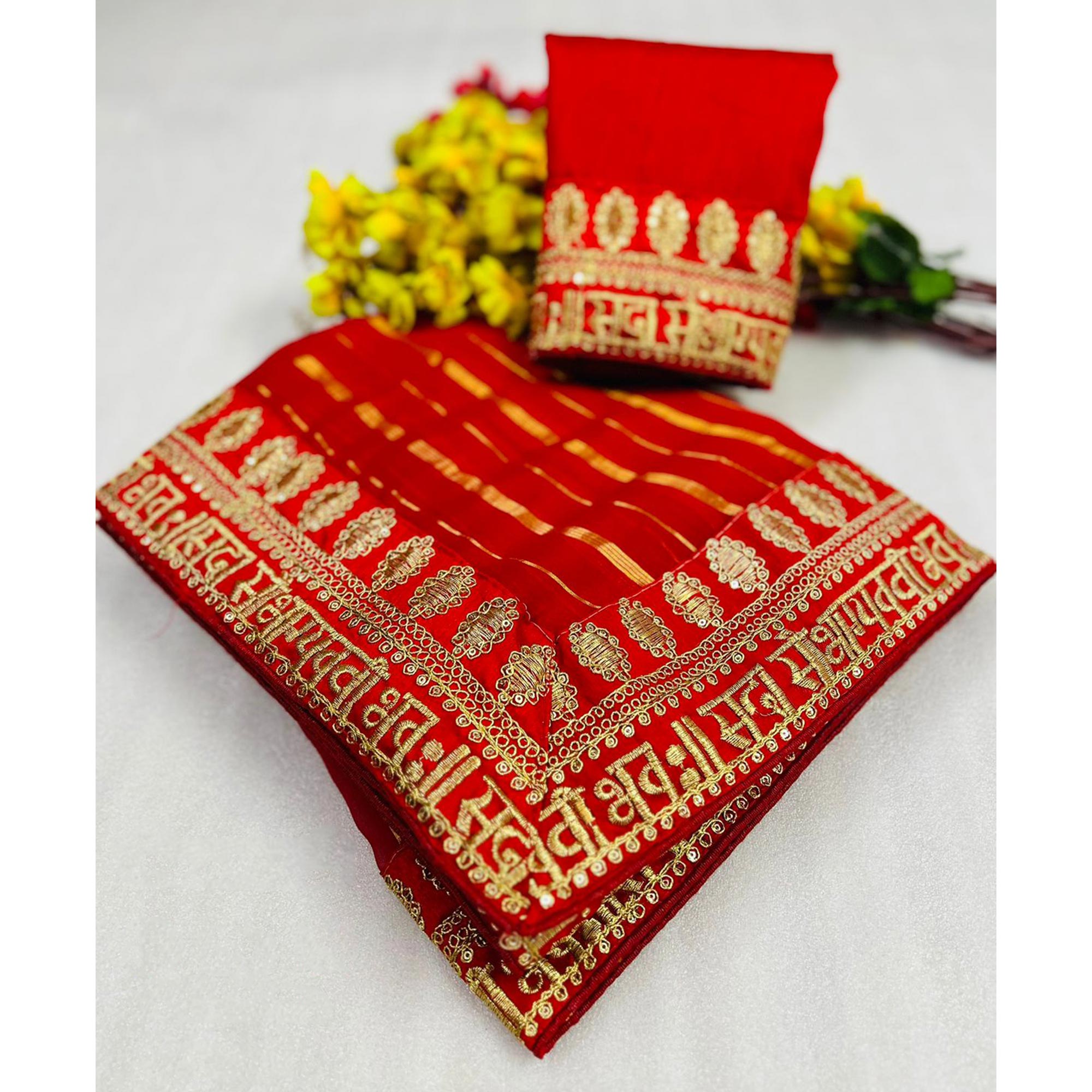 Red Woven Chiffon Saree With Embroidered Border