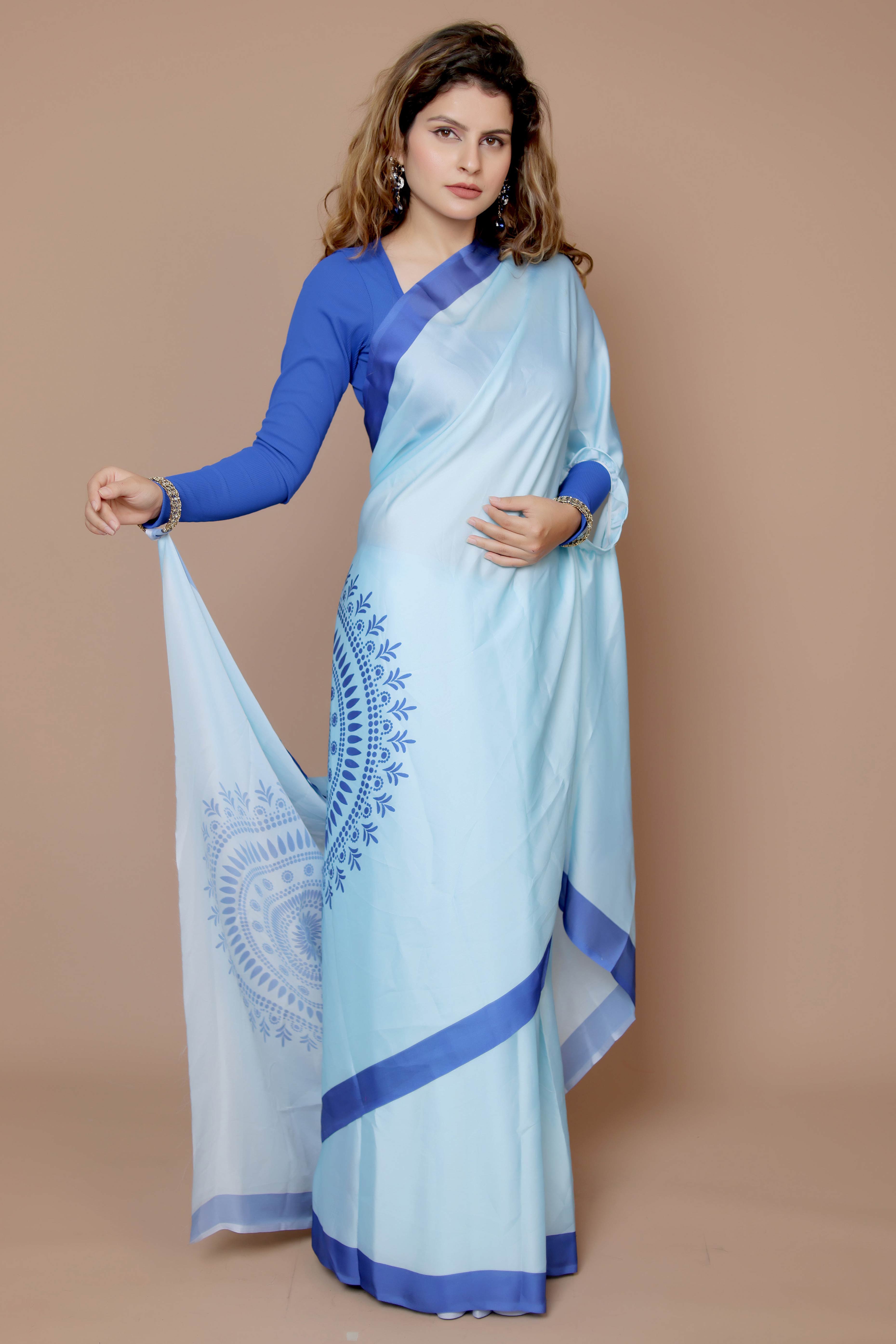 Blue Designer Freehand Saree In Satin Georgette With Striking Digital Print