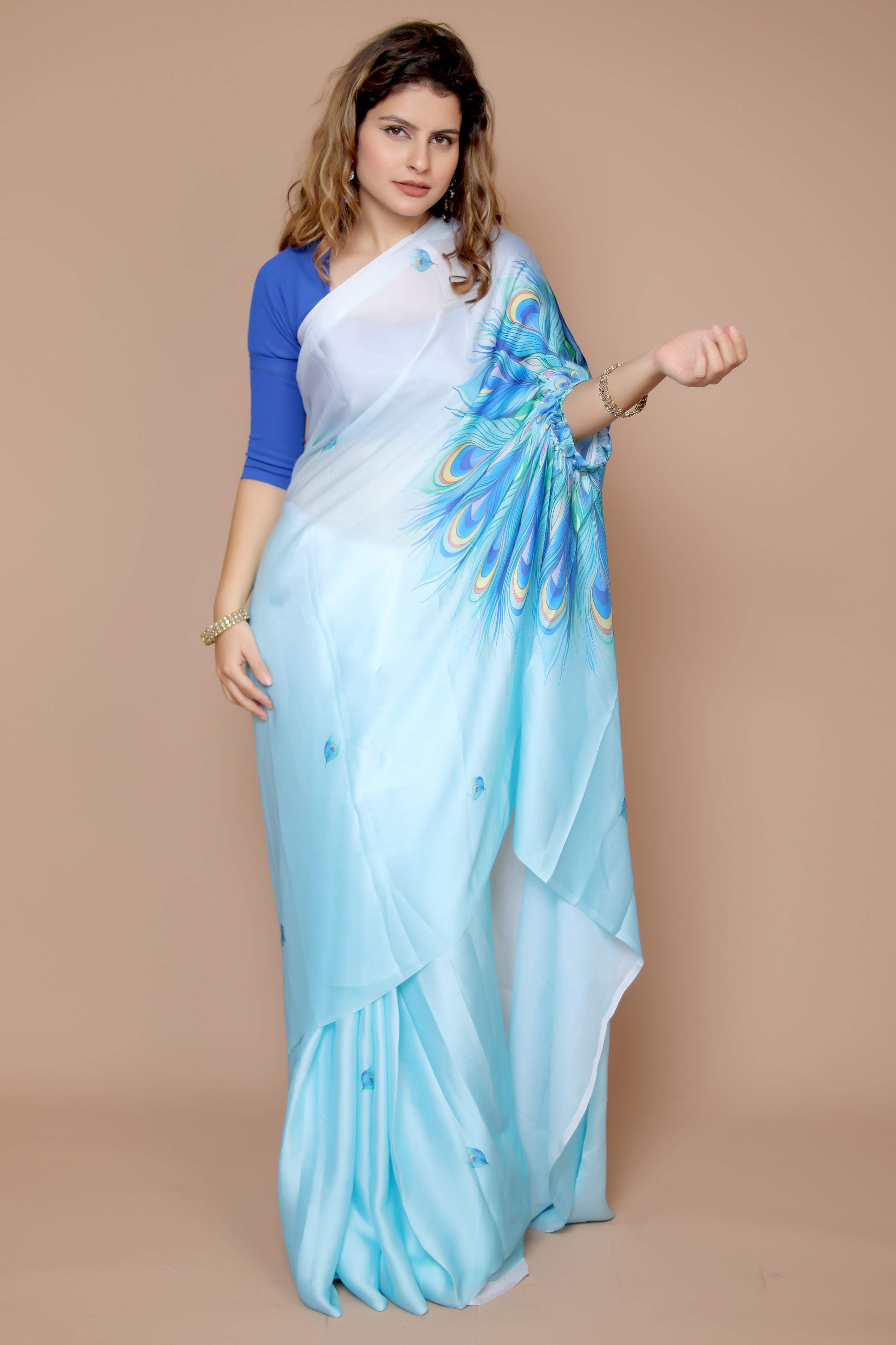Blue & White Designer Freehand Ombre Saree In Satin Georgette With Striking Digital Print