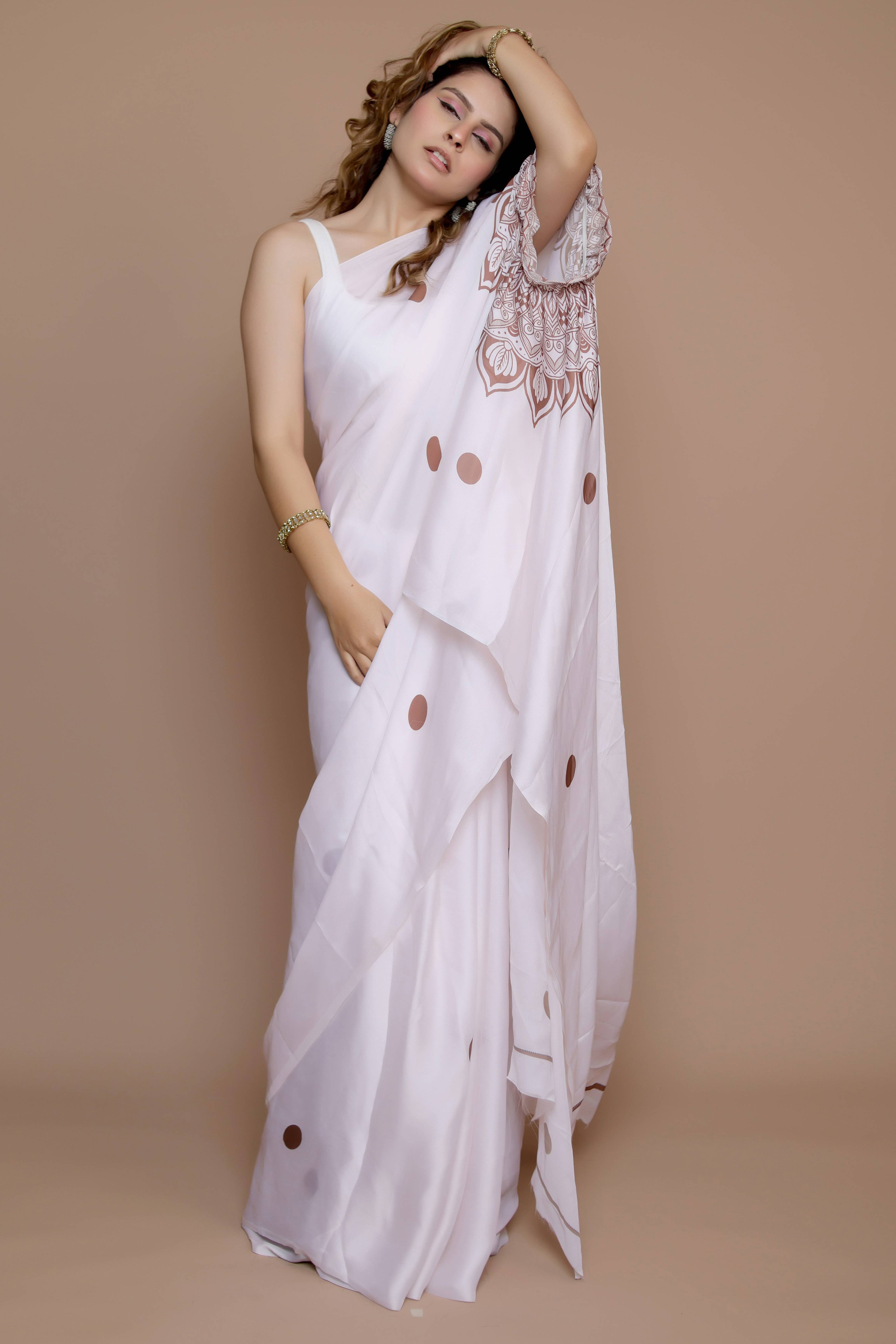 Cream Designer Freehand Saree In Satin Georgette With Striking Digital Print