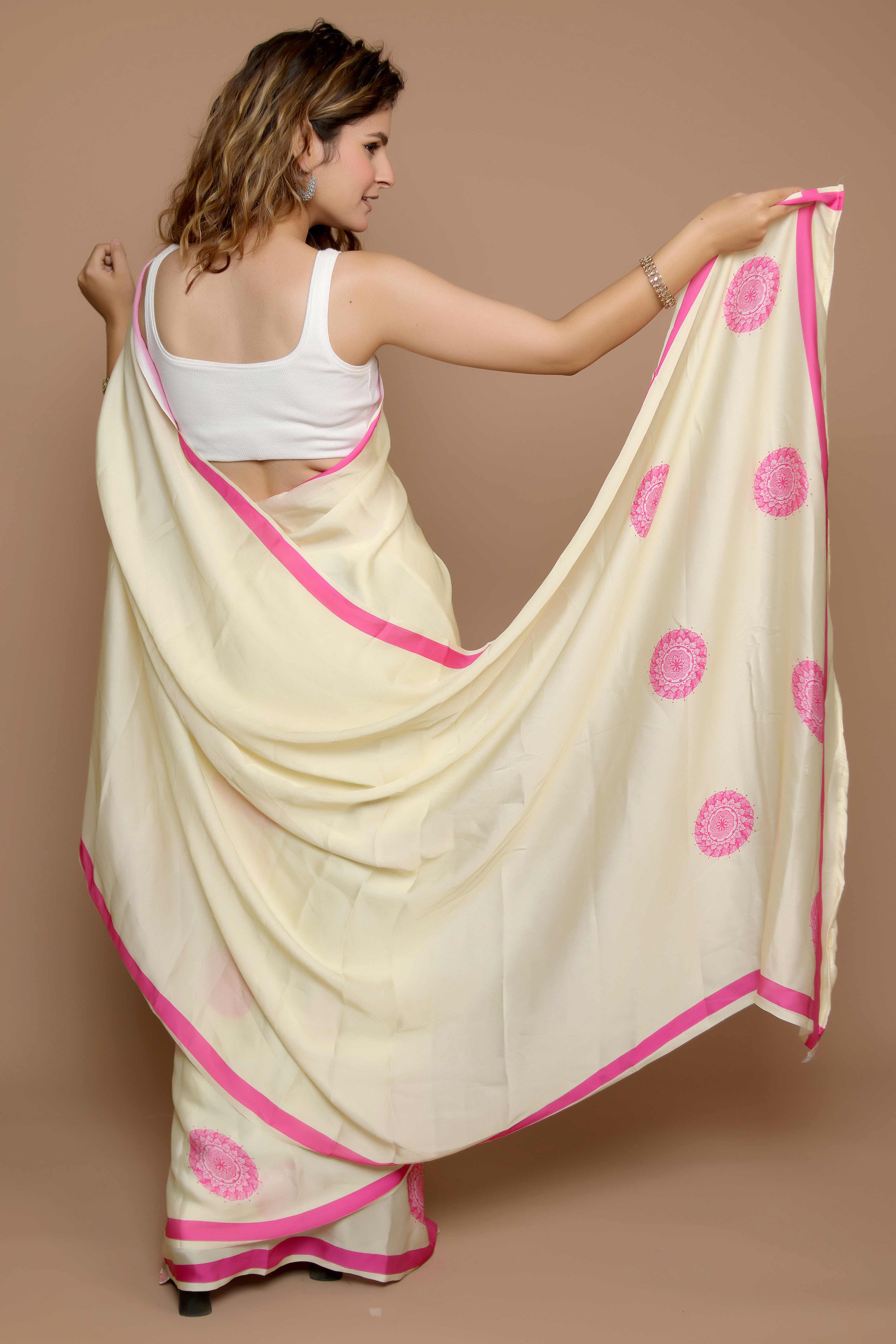 Light Yellow Designer Freehand Saree In Satin Georgette With Striking Digital Print