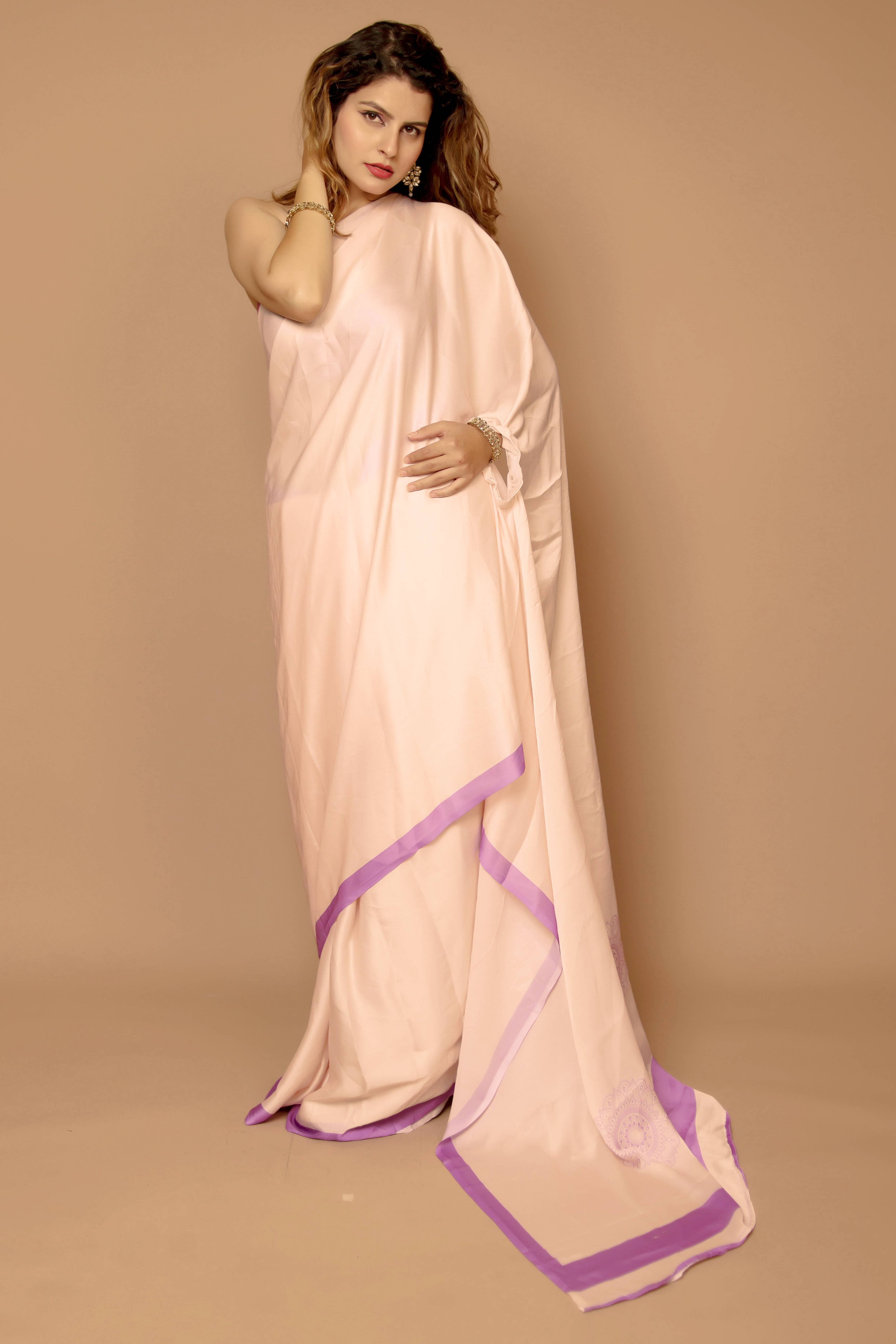Peach Designer Freehand Saree In Satin Georgette With Striking Digital Print