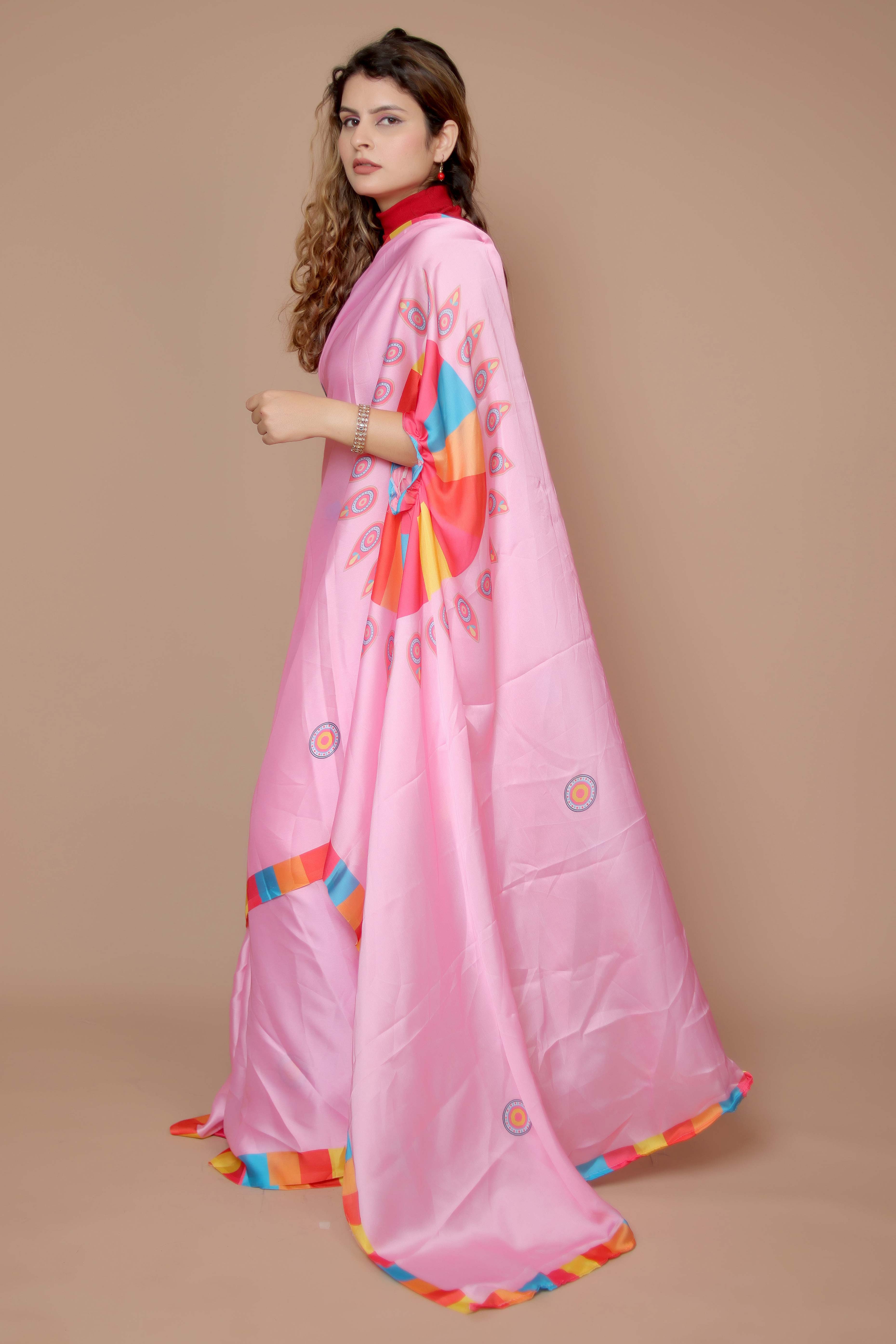 Pink Designer Freehand Saree In Satin Georgette With Striking Digital Print