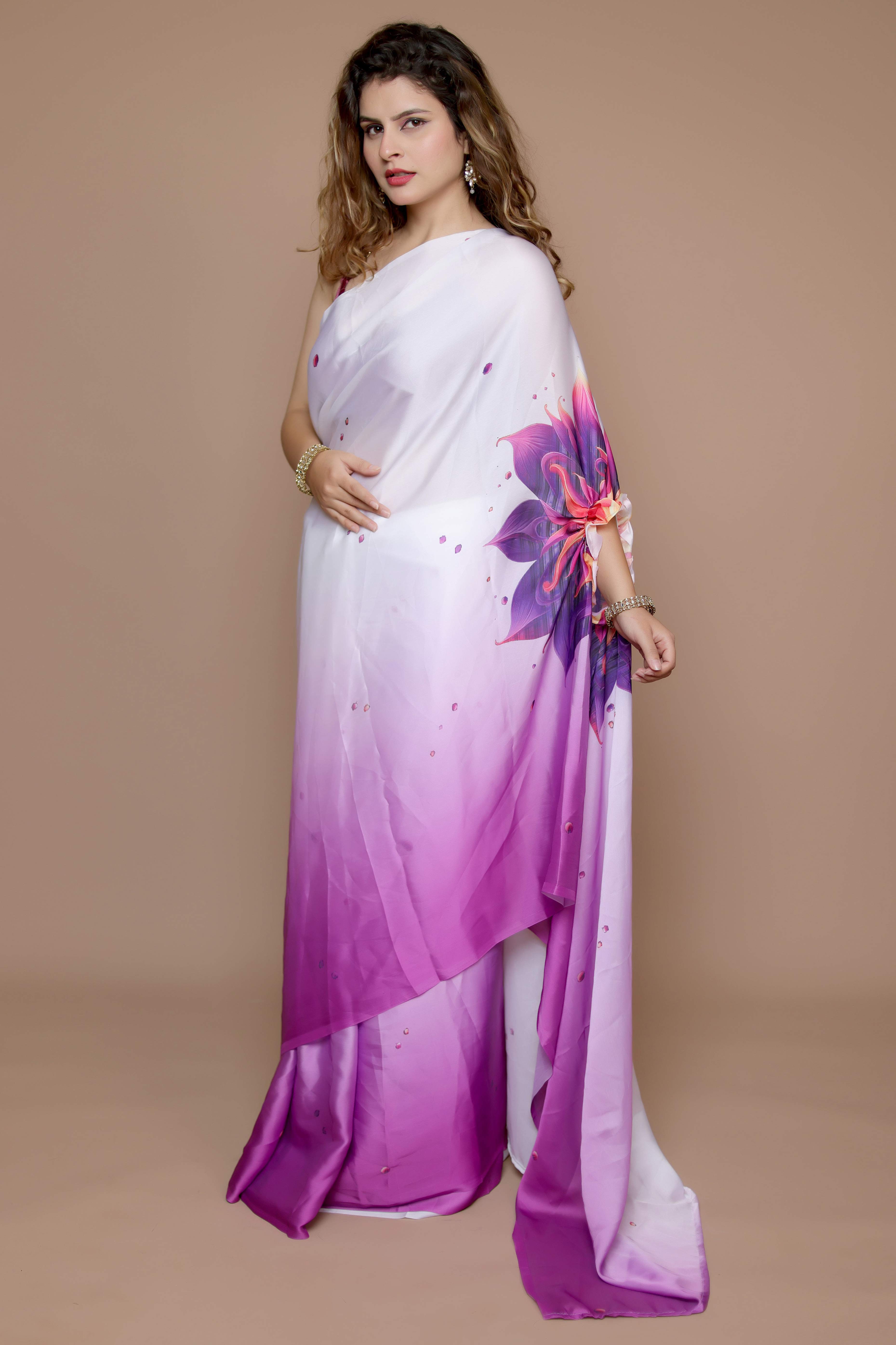 Purple & White Designer Freehand Ombre Saree In Satin Georgette With Striking Digital Print