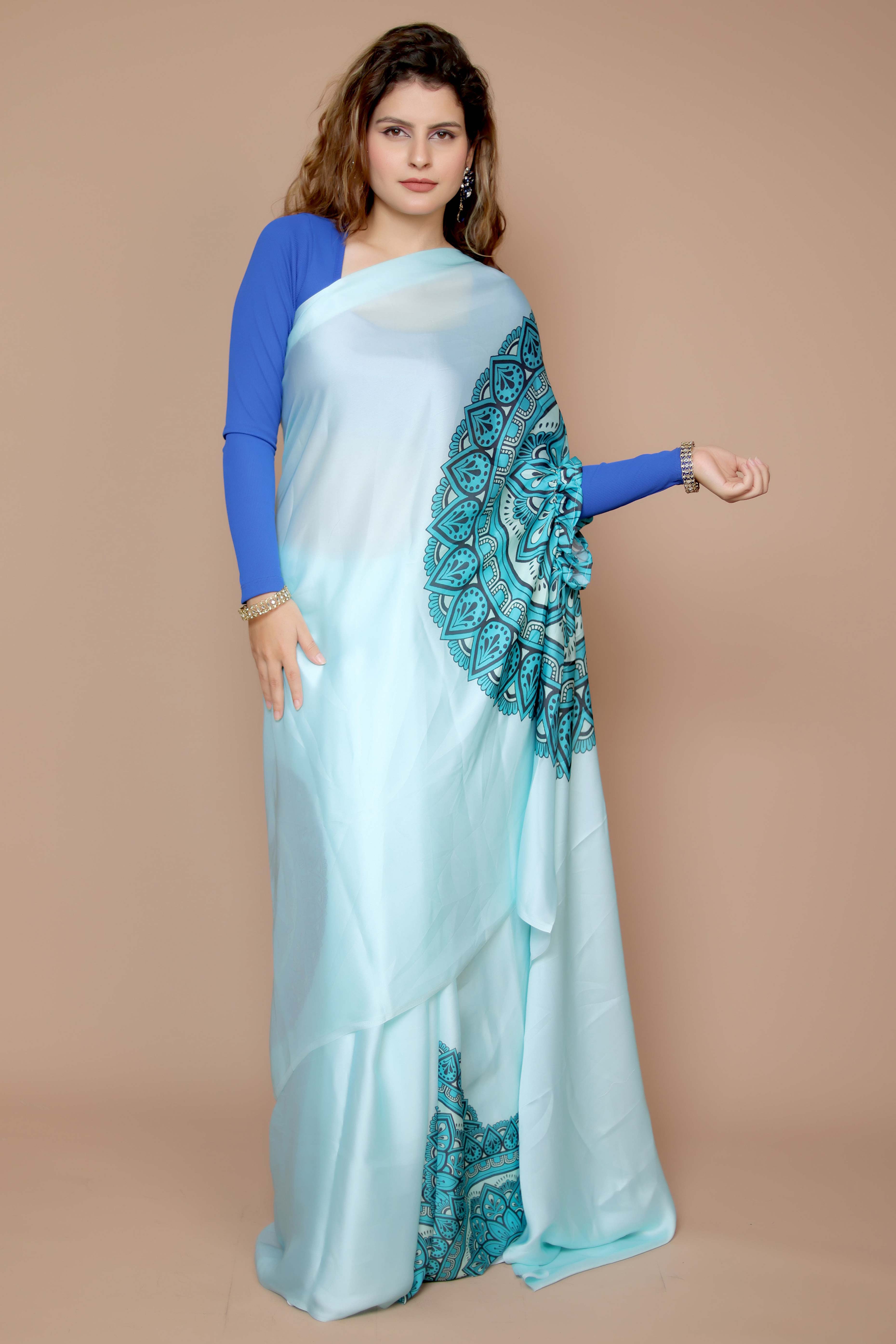 Turquoise Designer Freehand Saree In Satin Georgette With Striking Digital Print