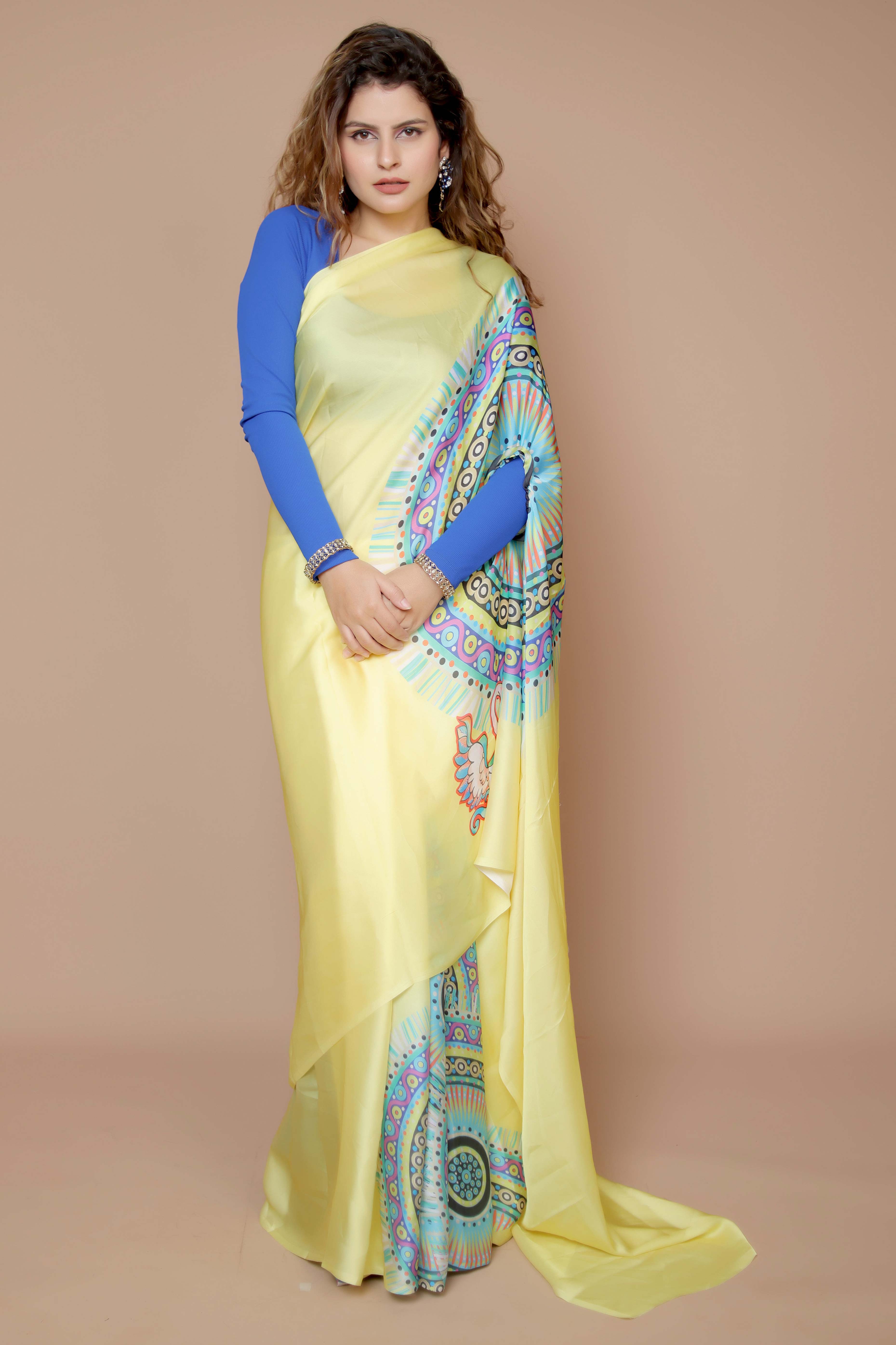 Yellow Designer Freehand Saree In Satin Georgette With Striking Digital Print