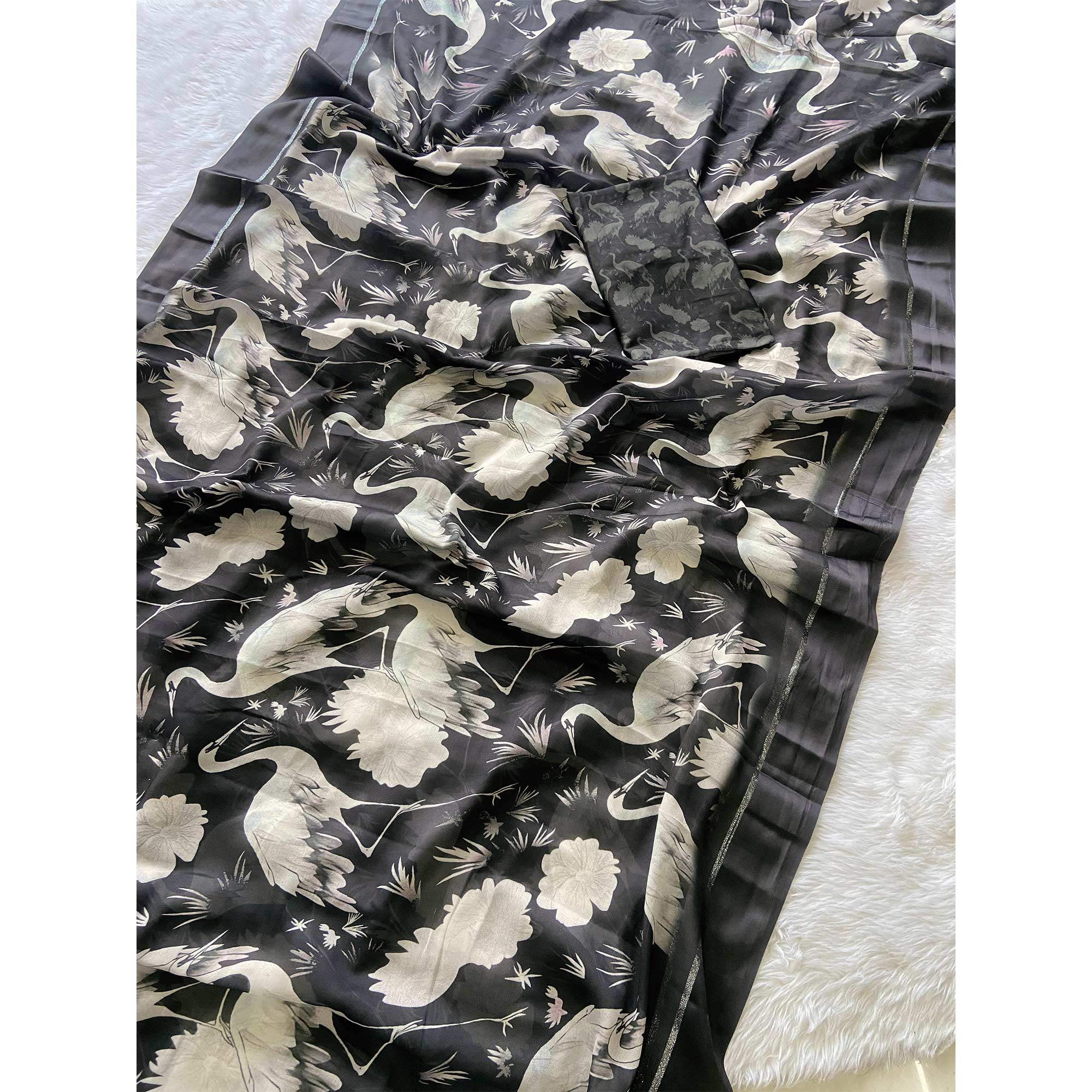 Black Printed Moss Chiffon Saree With Zari Woven Border