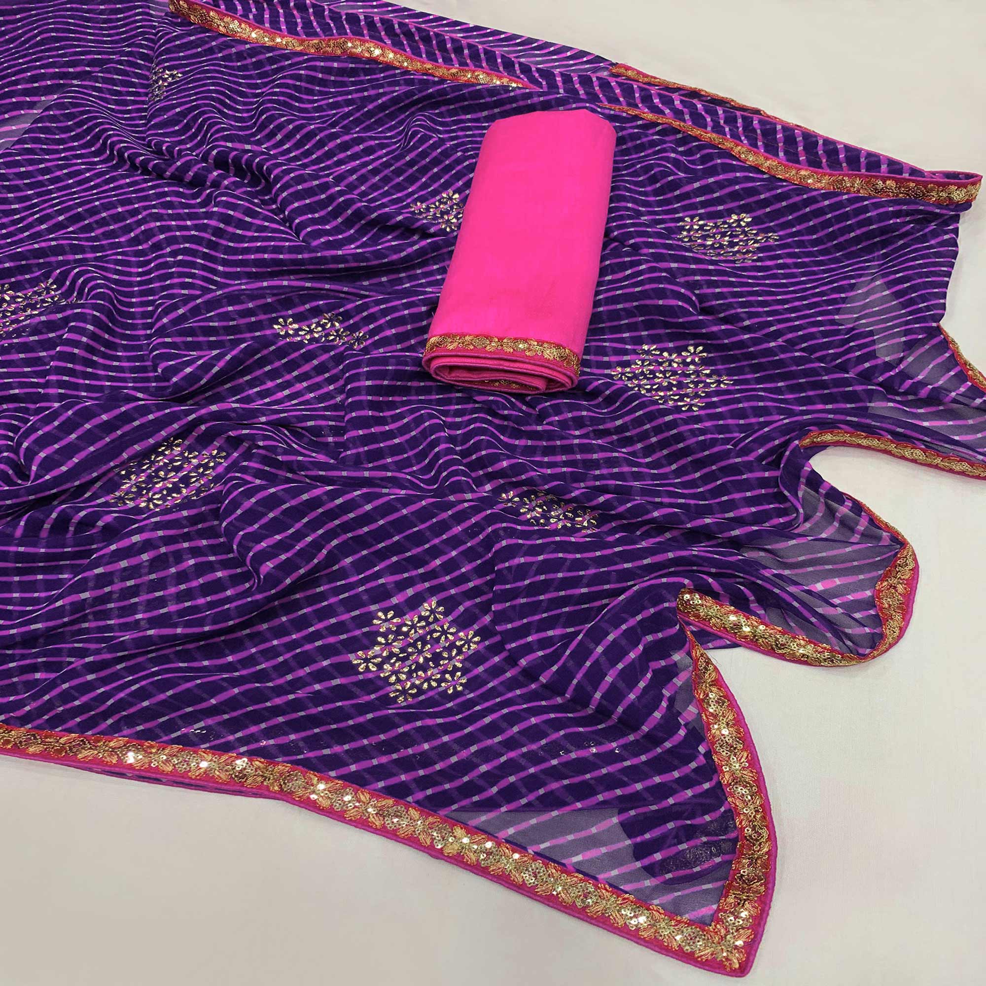 Purple Printed Georgette Saree With lace Border