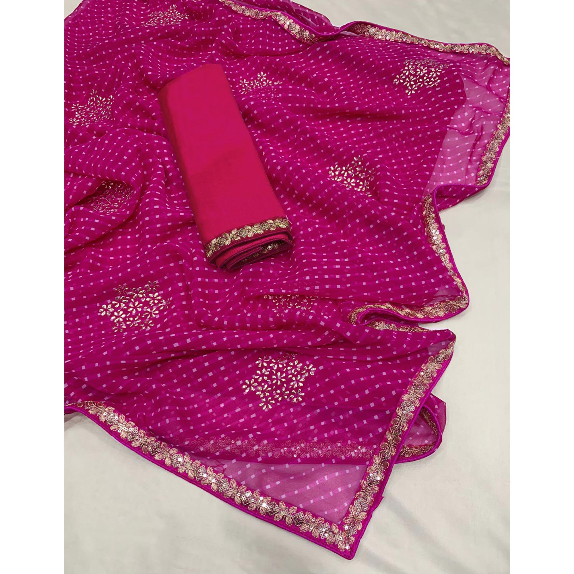 Rani Pink Printed Georgette Saree With lace Border