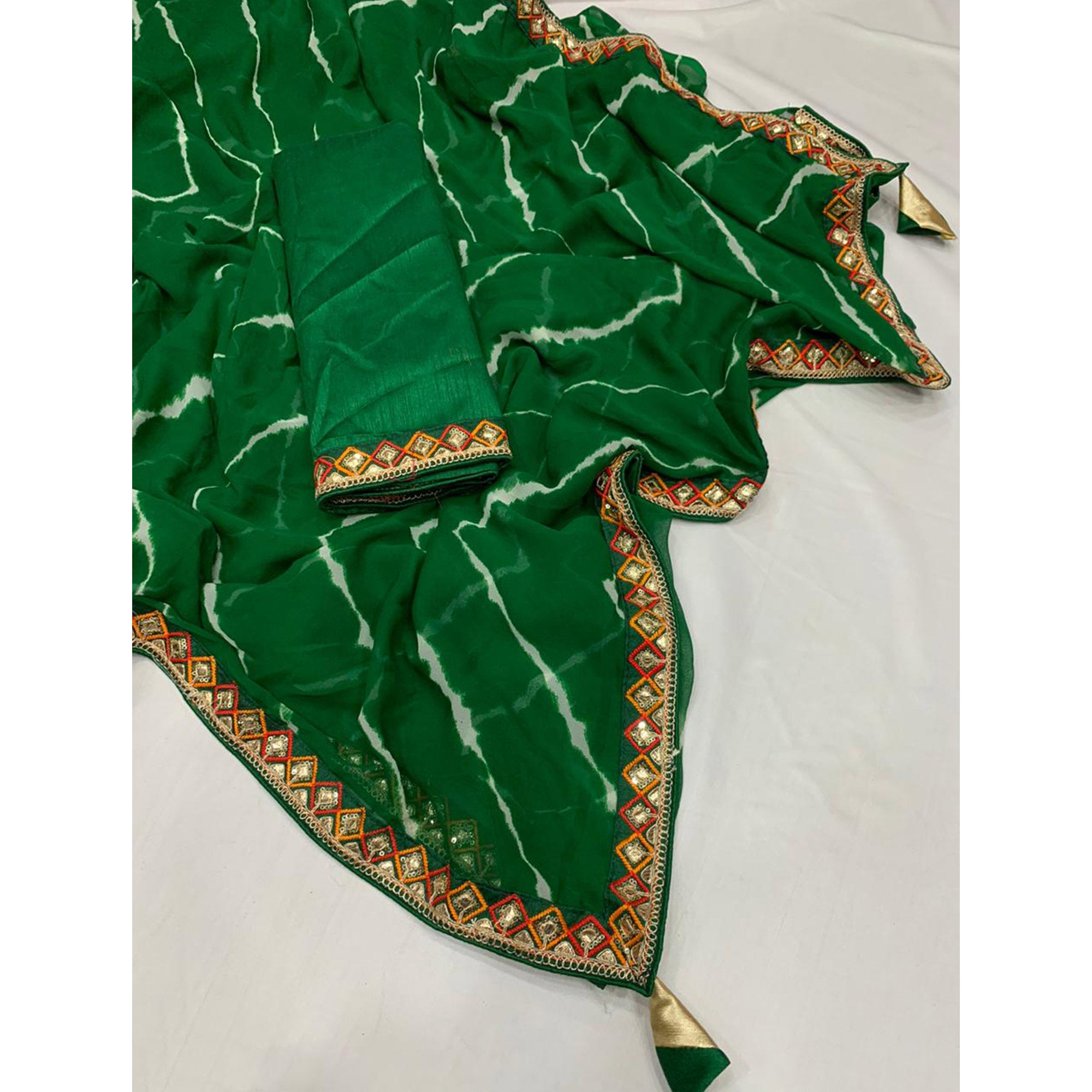 Green Leheriya Printed Georgette Saree With Sequins Border