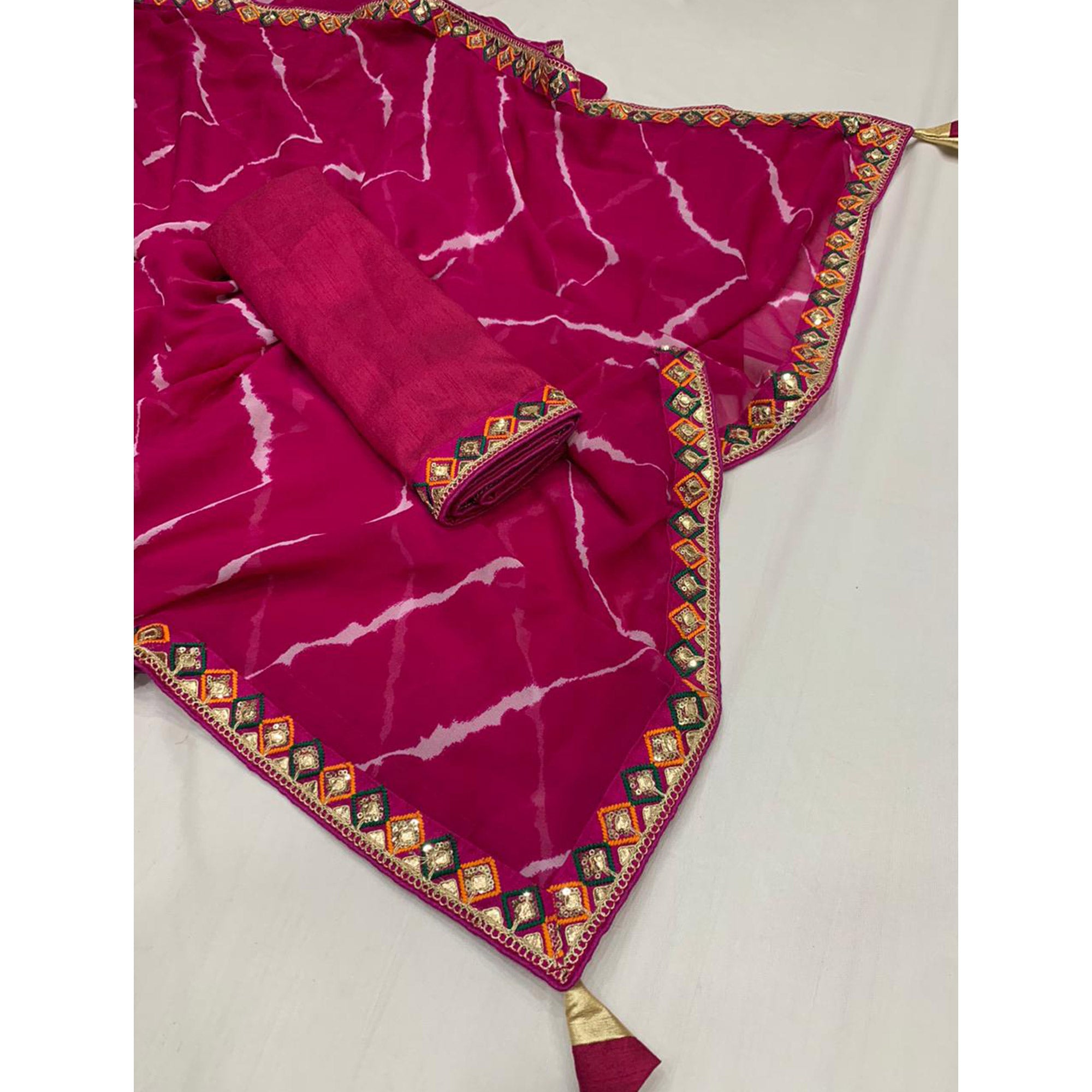 Pink Leheriya Printed Georgette Saree With Sequins Border