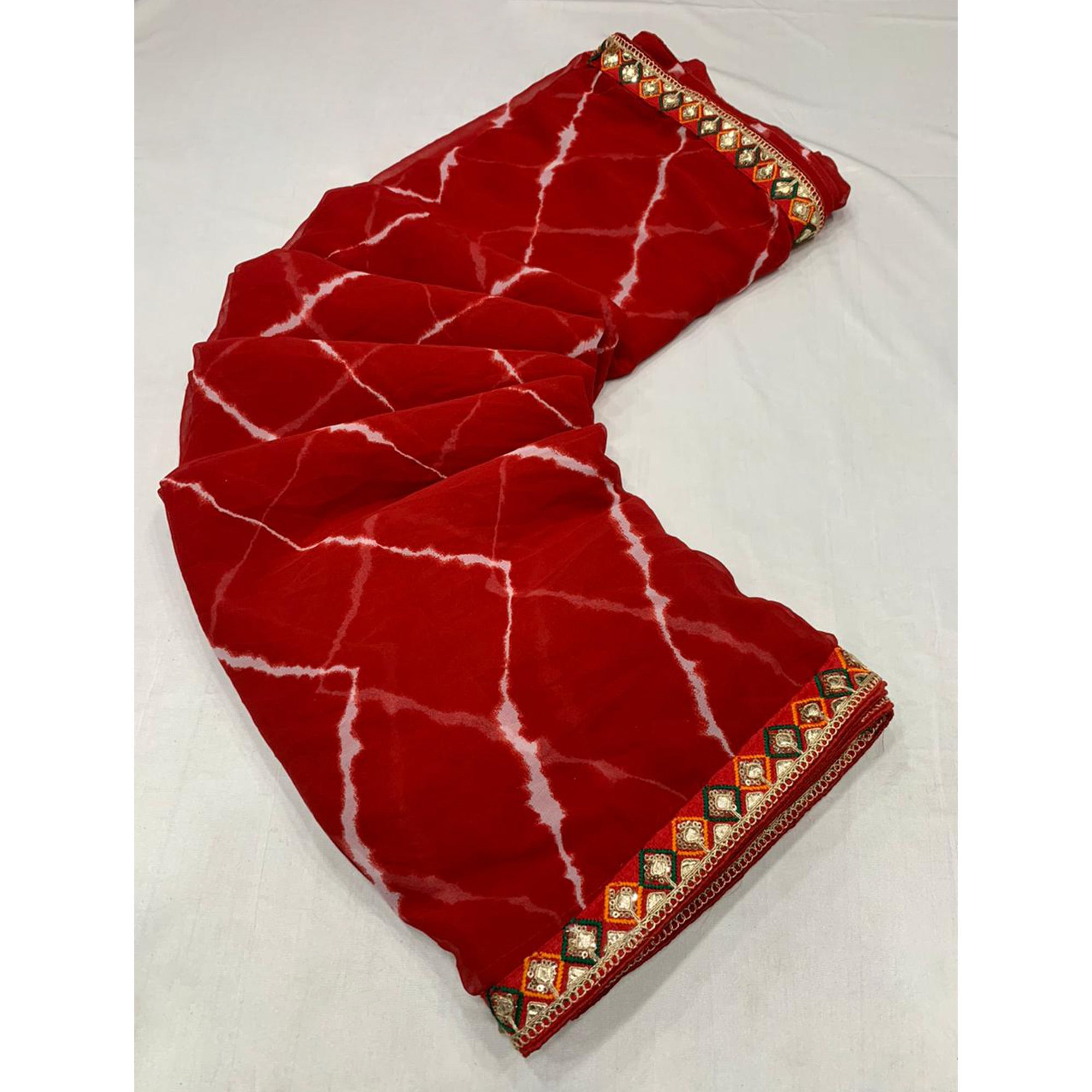 Red Leheriya Printed Georgette Saree With Sequins Border