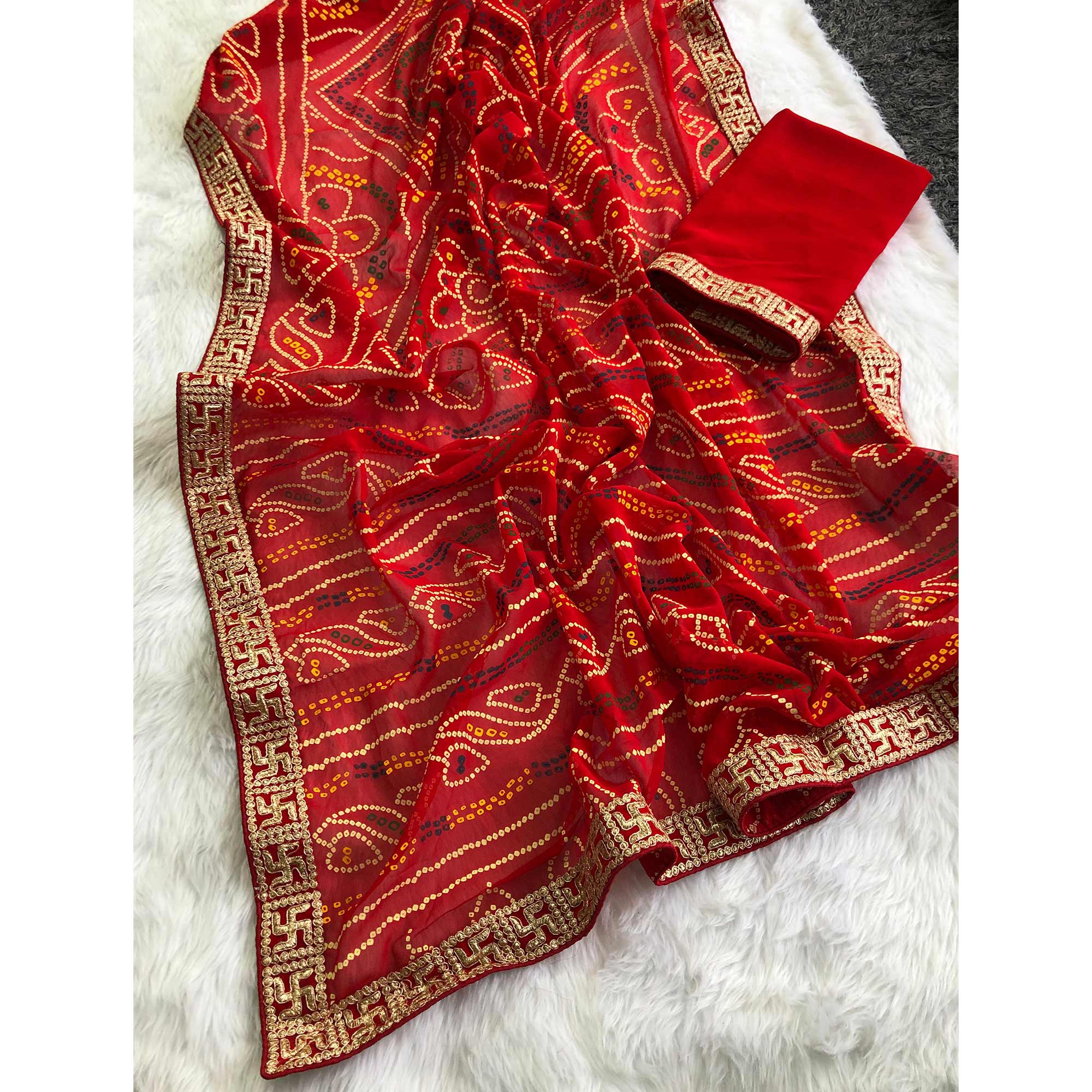 Red Bandhani Printed Georgette Saree With Zari Lace Border