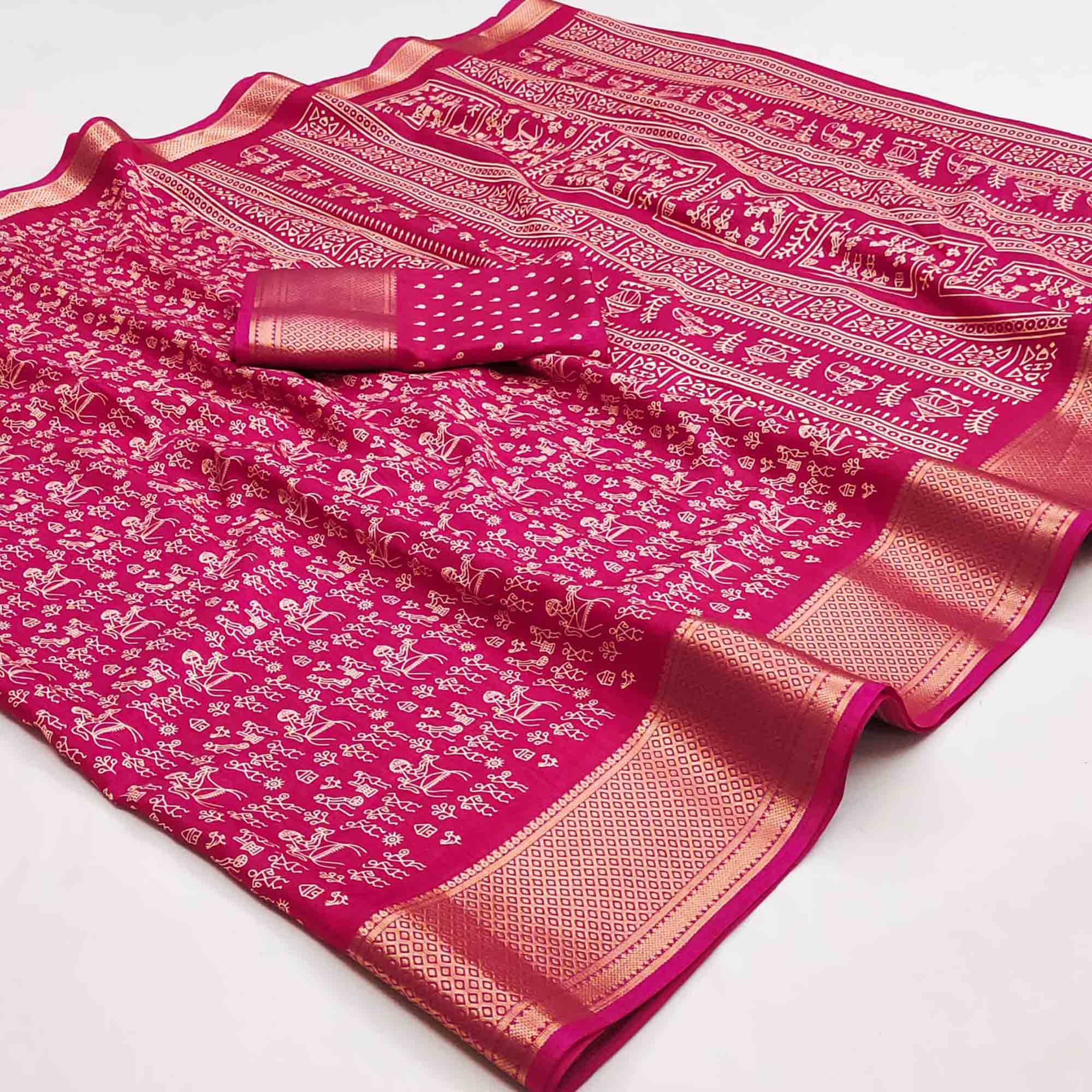 Pink Dola Silk Saree with Warli Prints and Golden Zari Border