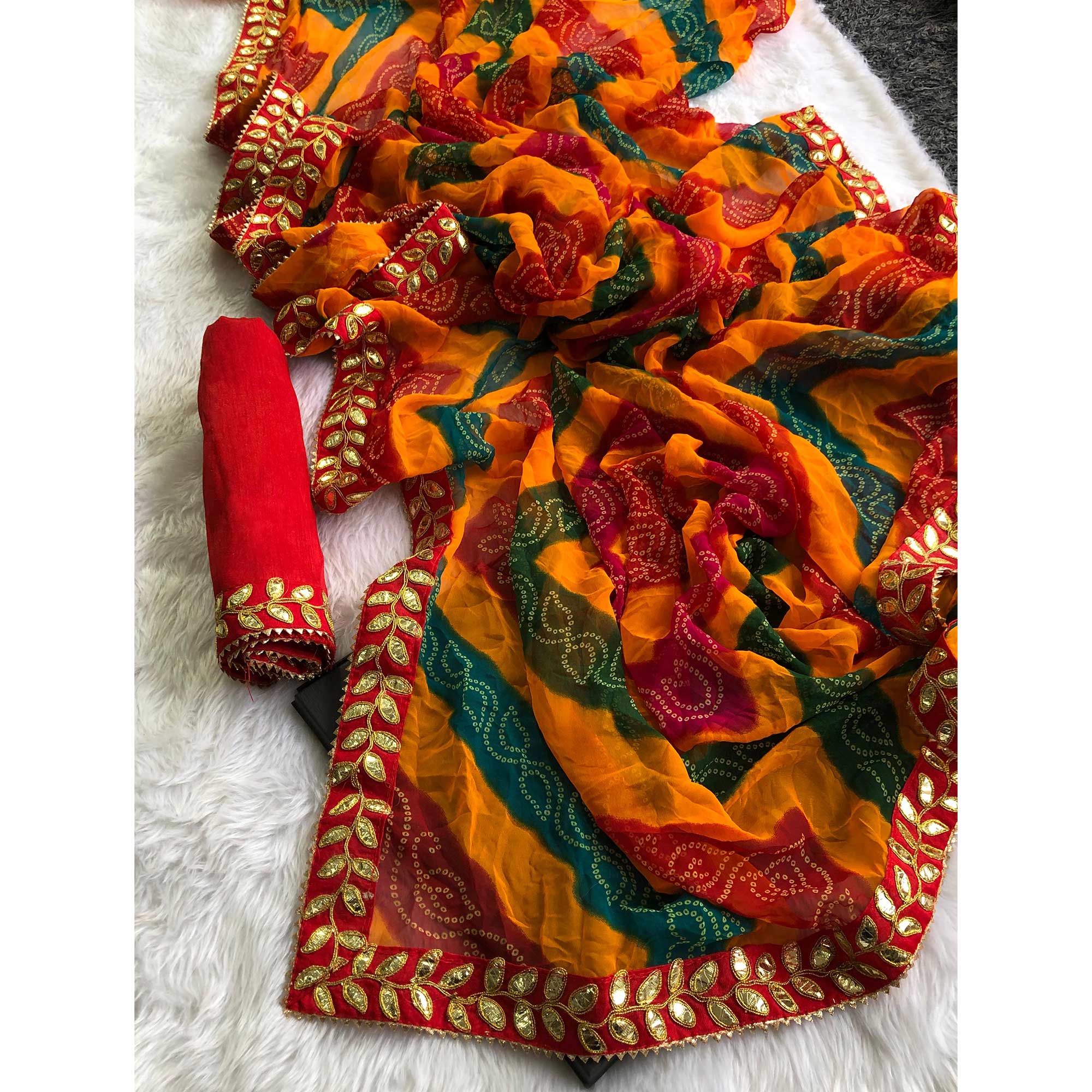 Multicolor Bandhani Printed Georgette Saree With Gota Patti Lace Border