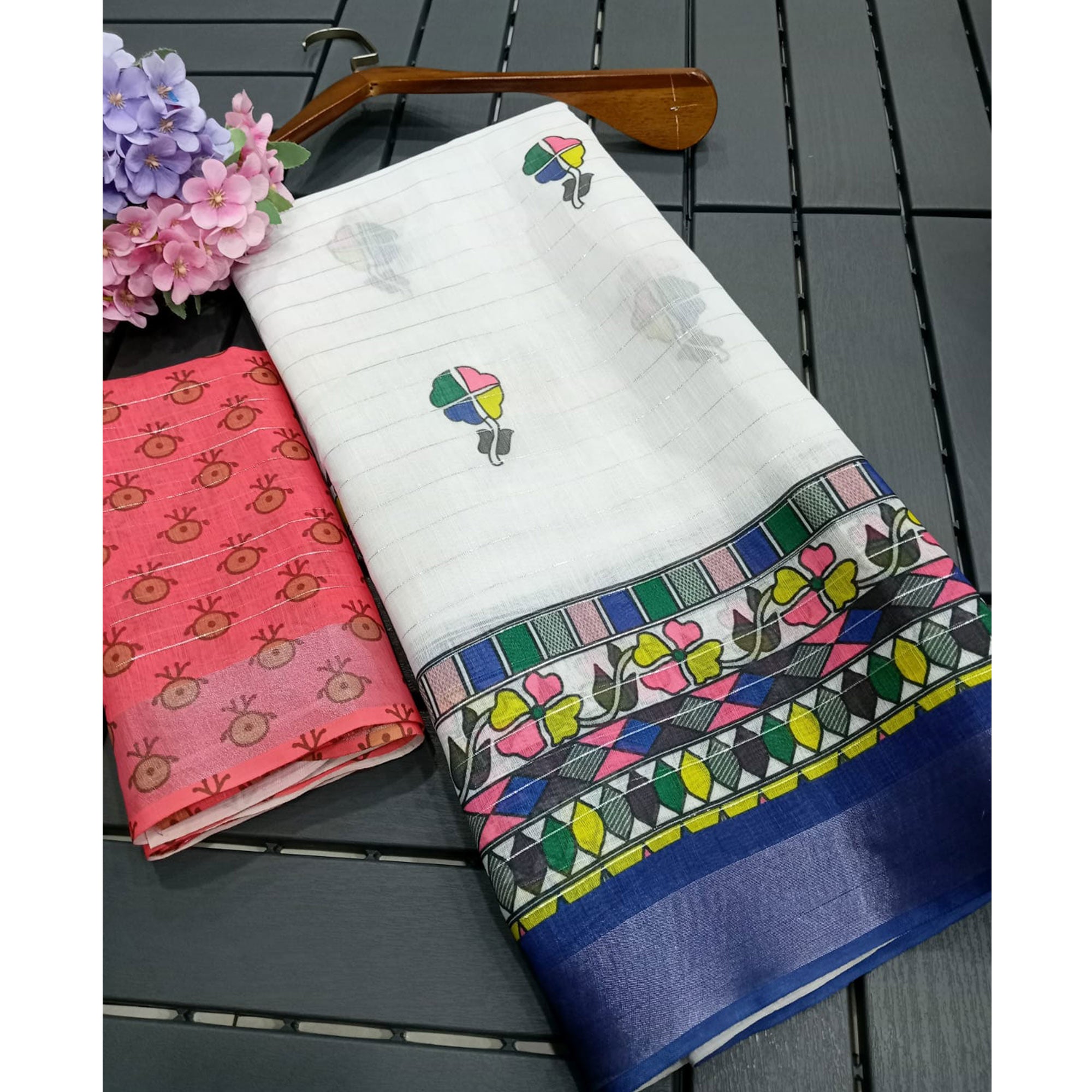 White Digital Printed With Zari Work Linen Cotton Saree