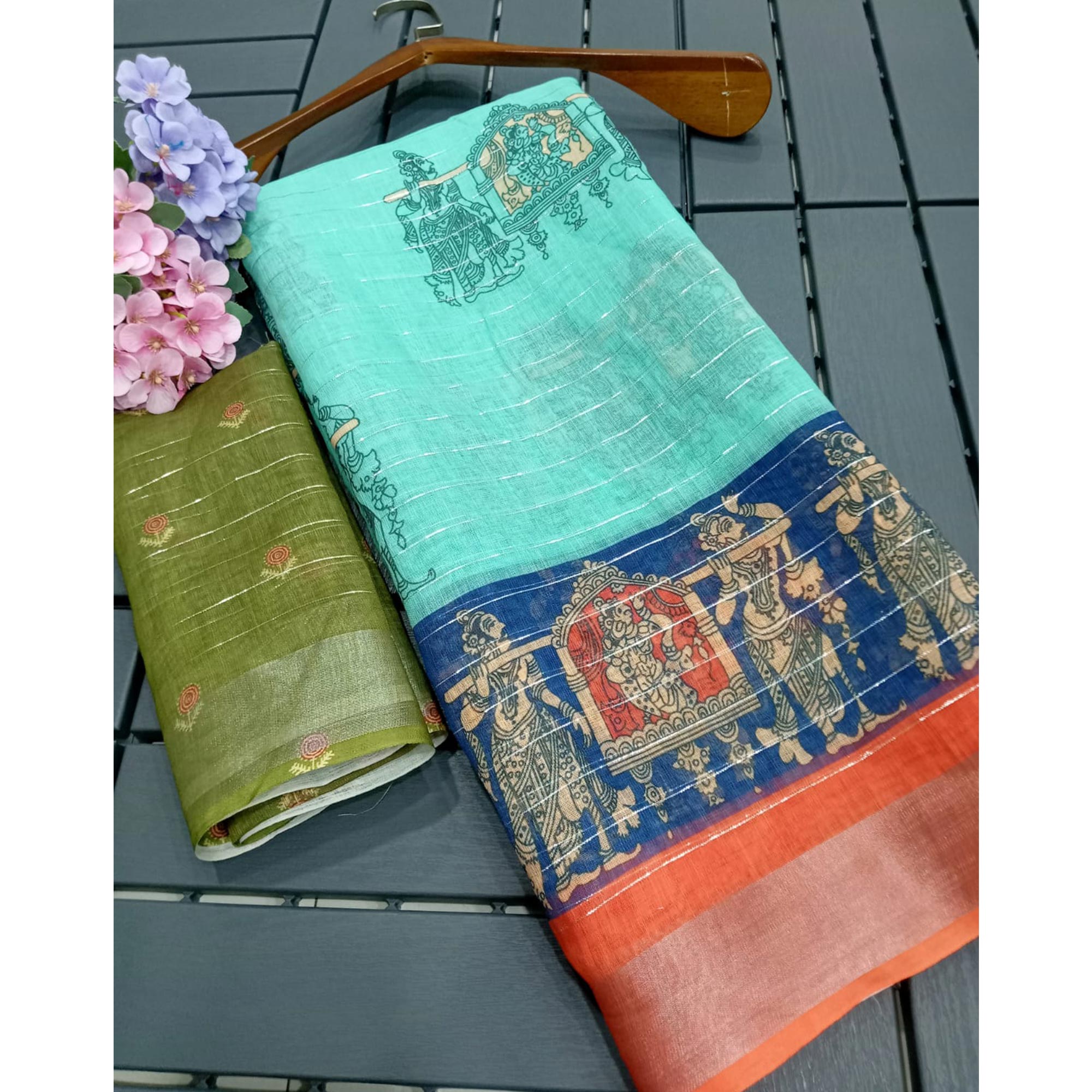 Turquoise Digital Printed With Zari Work Linen Cotton Saree