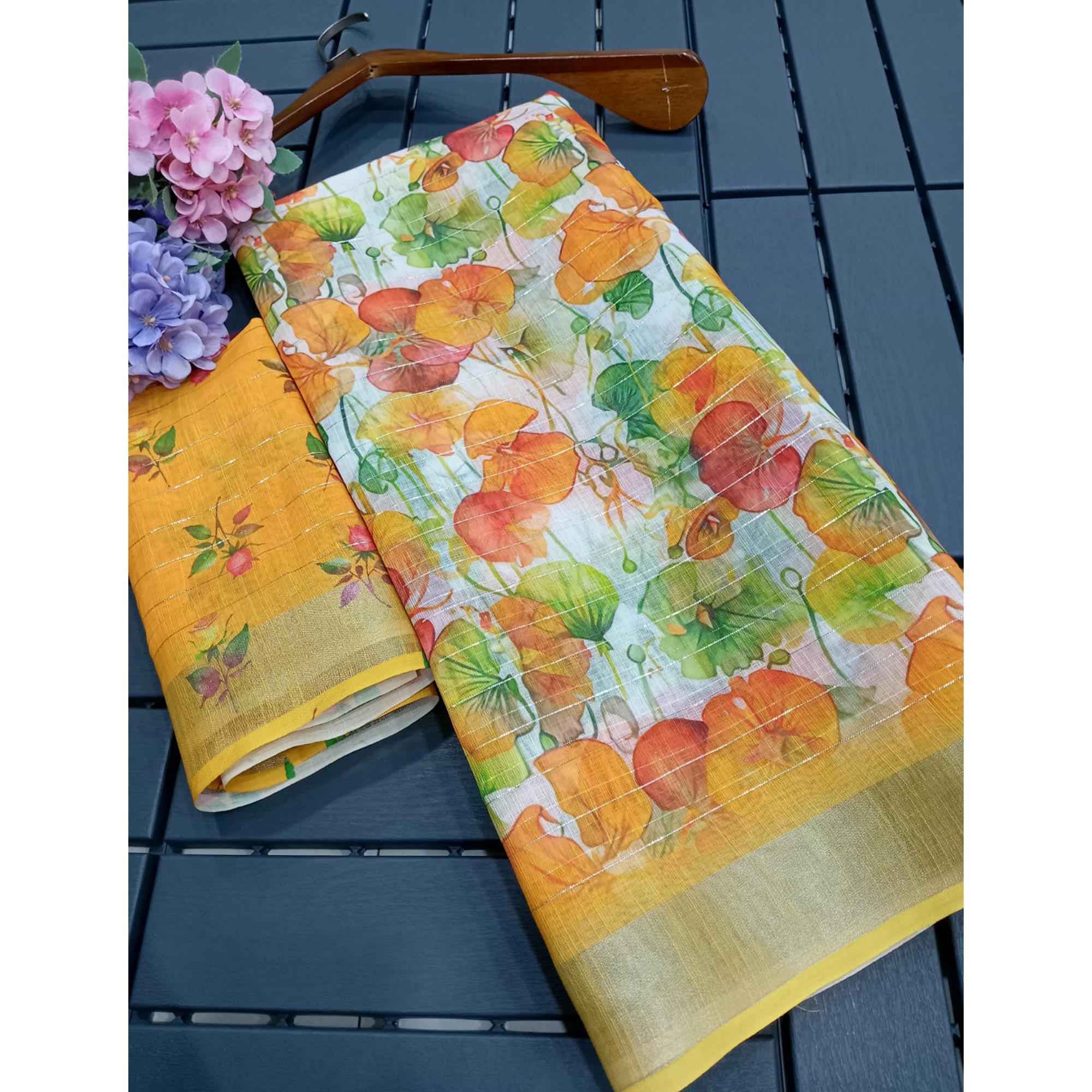 Yellow Digital Printed With Zari Work Linen Cotton Saree