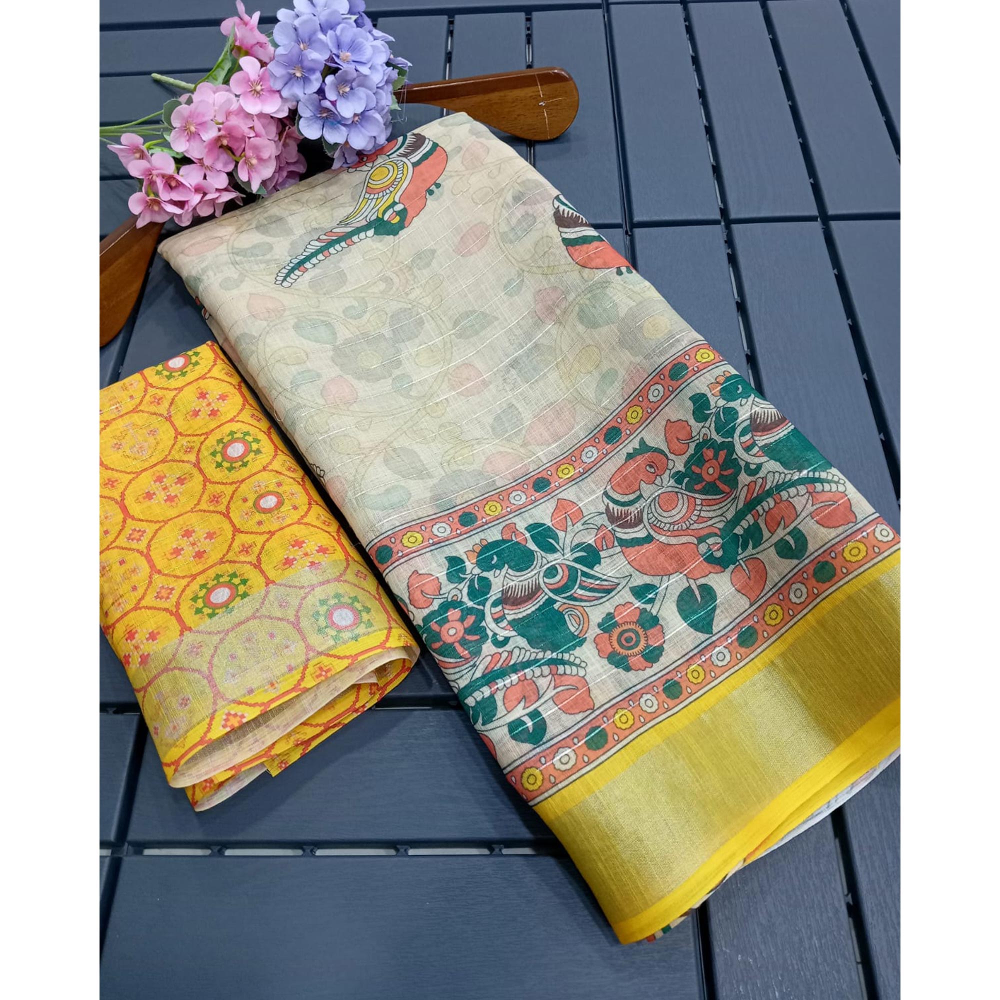 Cream Digital Printed With Zari Work Linen Cotton Saree