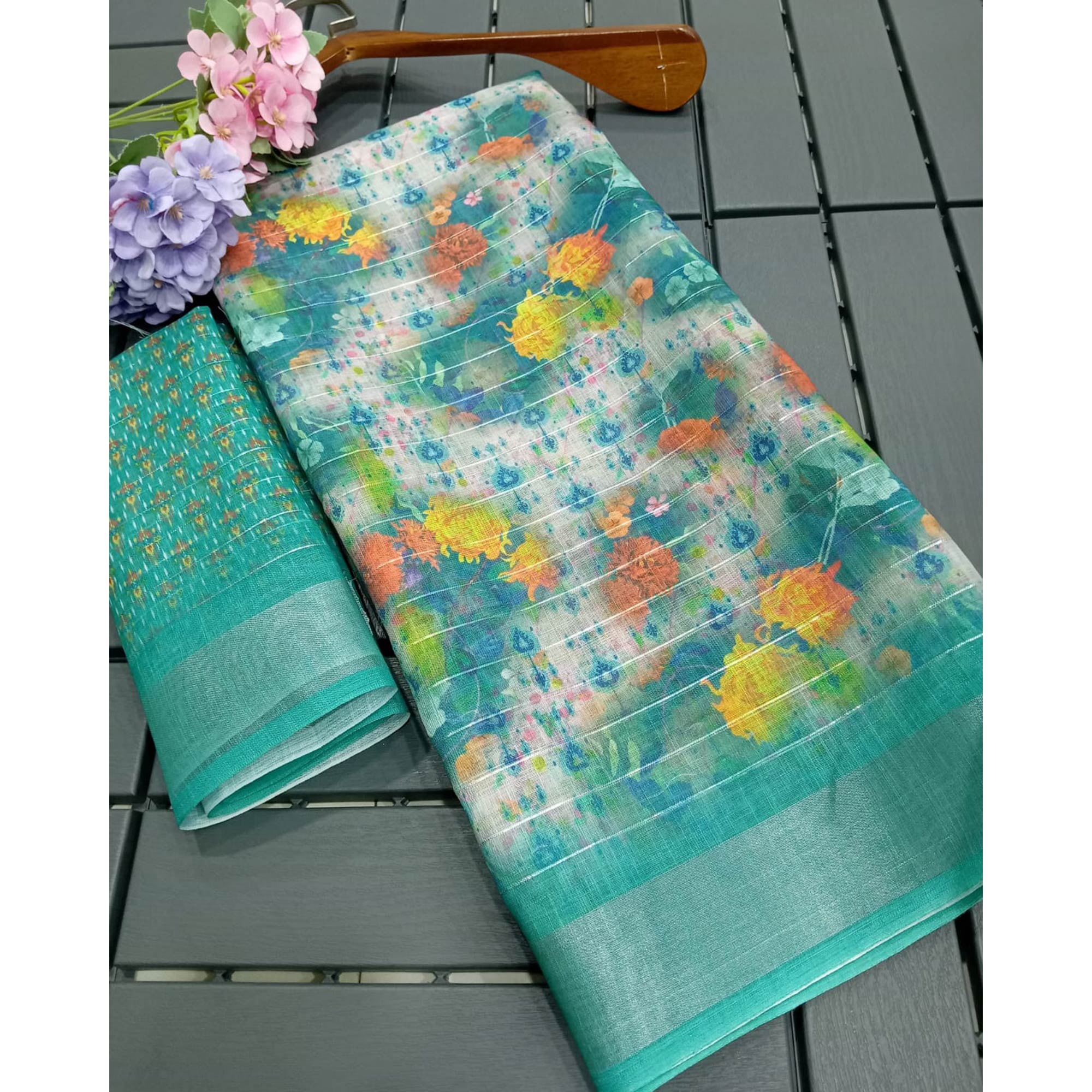 Turquoise Digital Printed With Zari Work Linen Cotton Saree