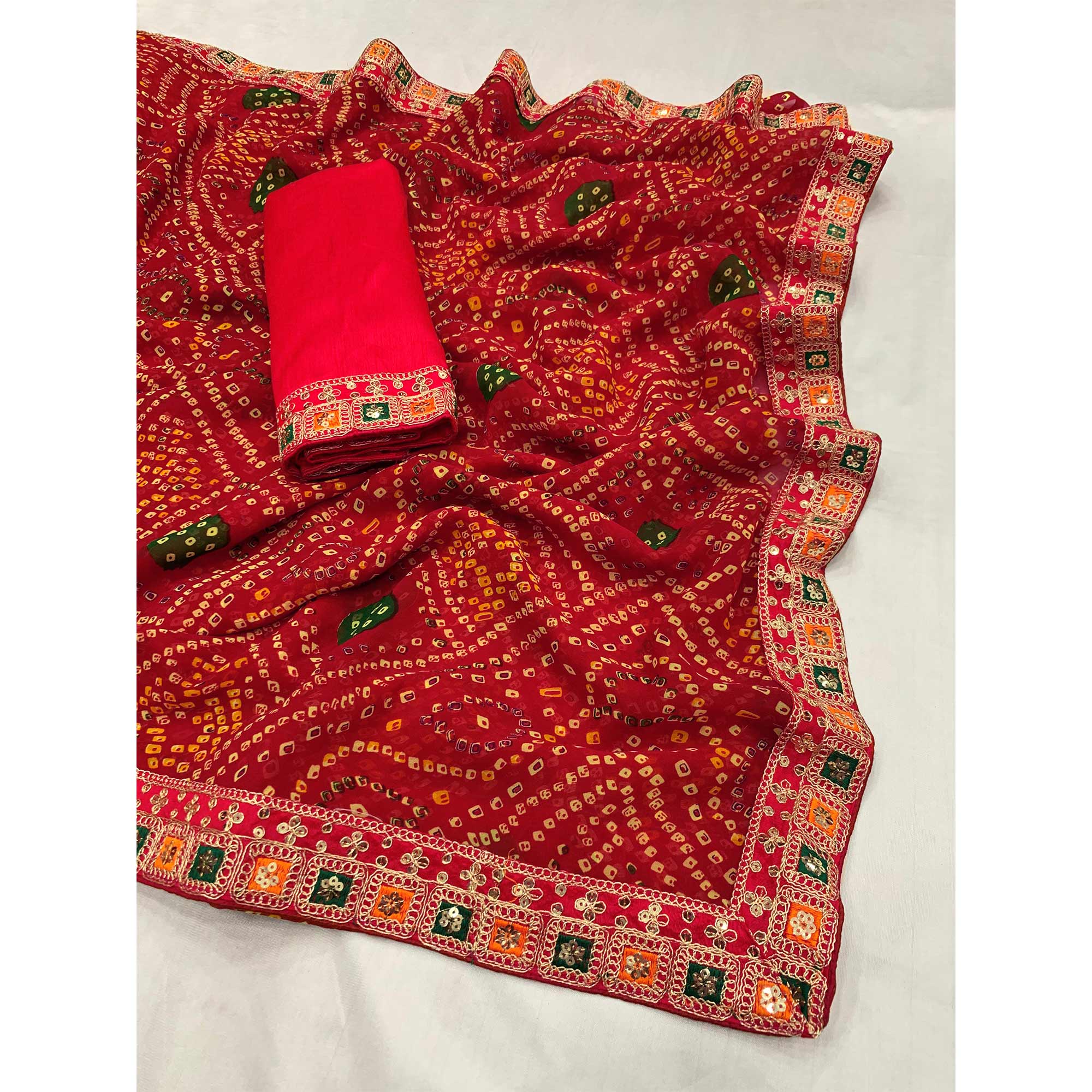 Red Bandhani Printed With Sequins Border Georgette Saree