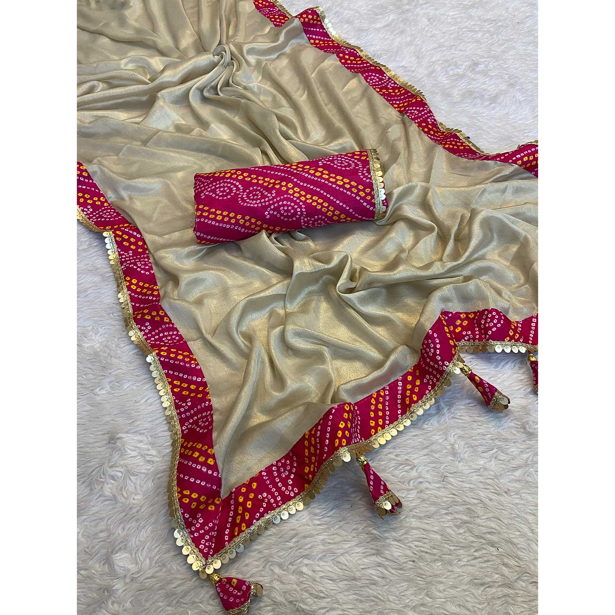Beige & Pink Moss Chiffon Saree Featuring a Traditional Bandhani Print Border