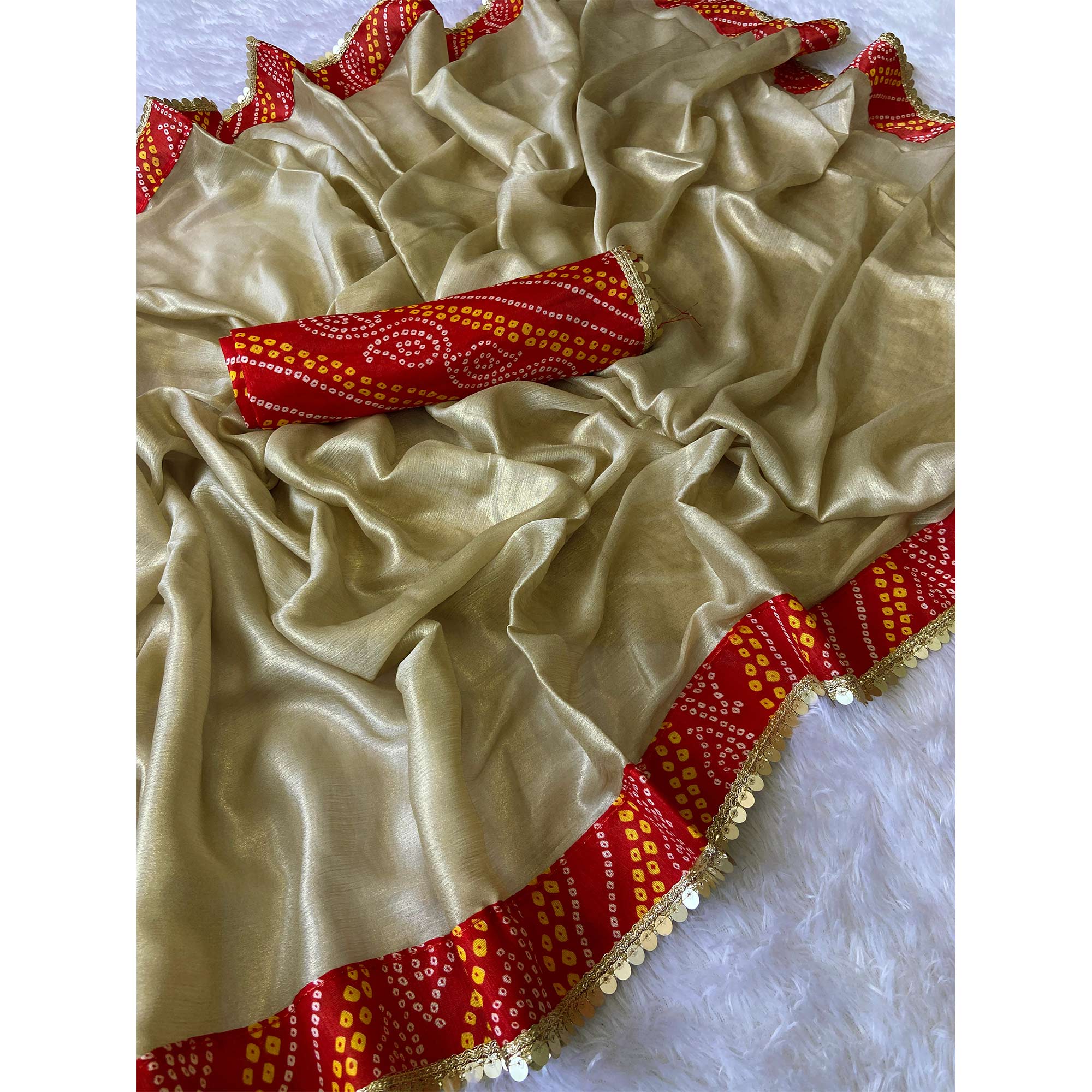 Beige & Red Moss Chiffon Saree Featuring a Traditional Bandhani Print Border