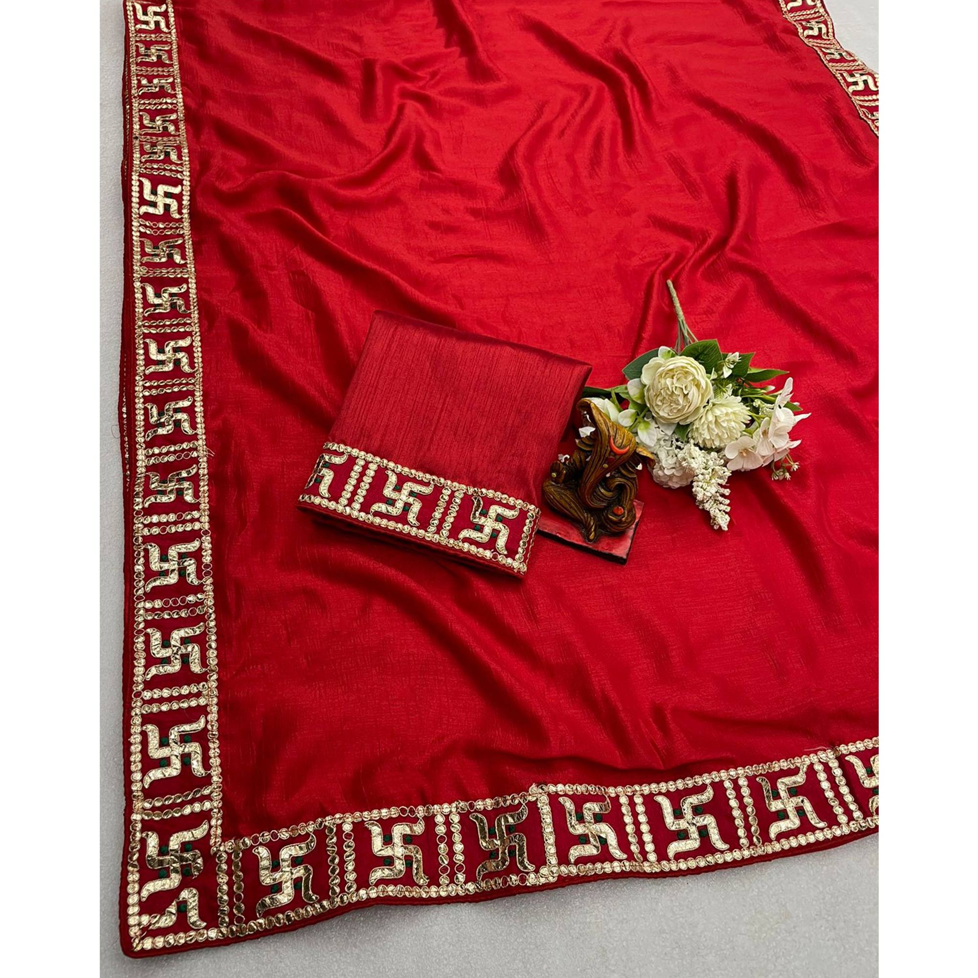 Red Solid With Embroidered Border Vichitra Silk Saree