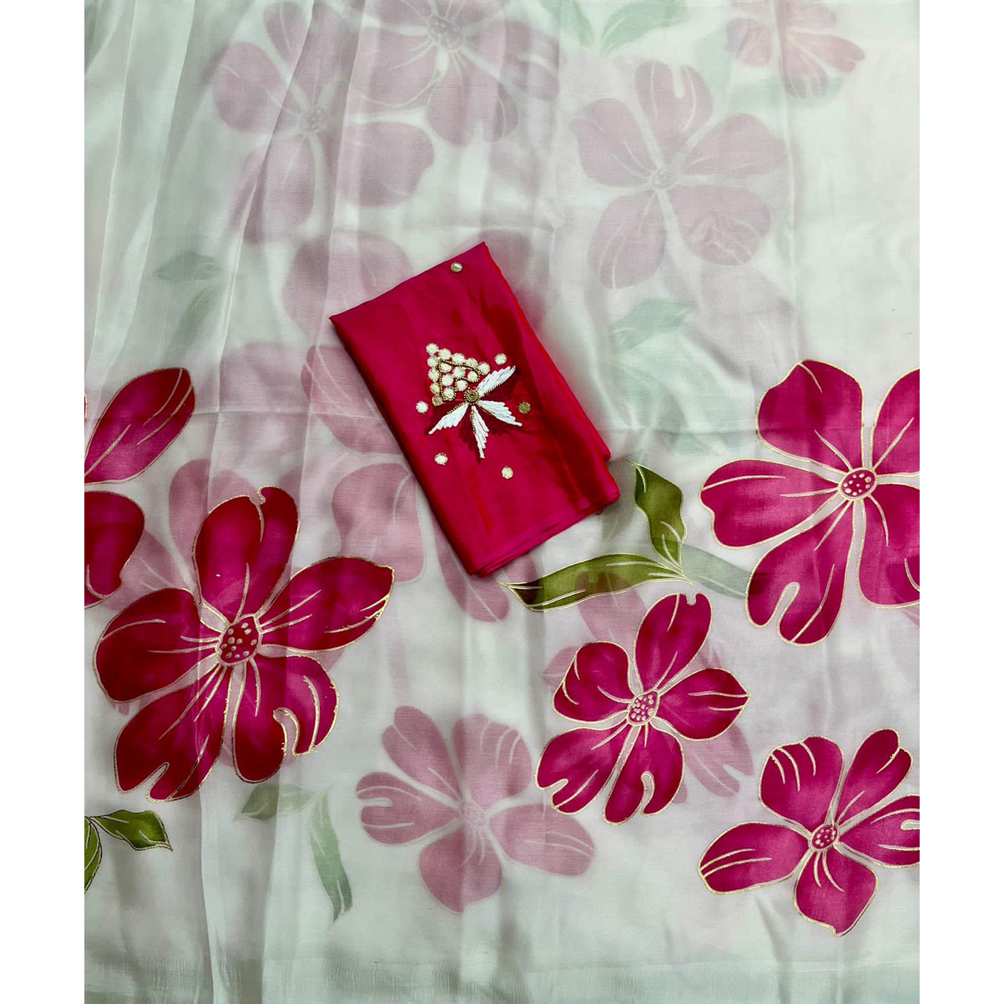 White Floral Foil Printed Organza Saree