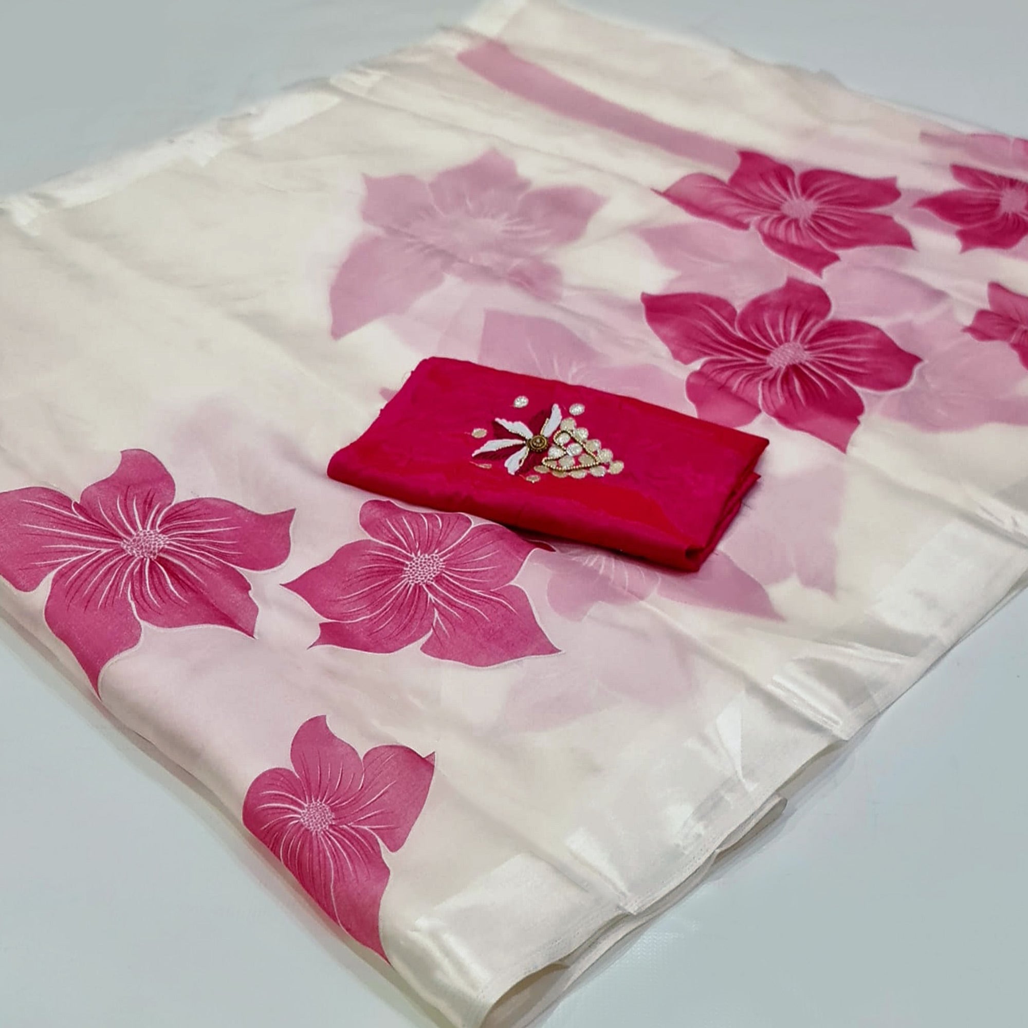 White & Pink Floral Foil Printed Organza Saree