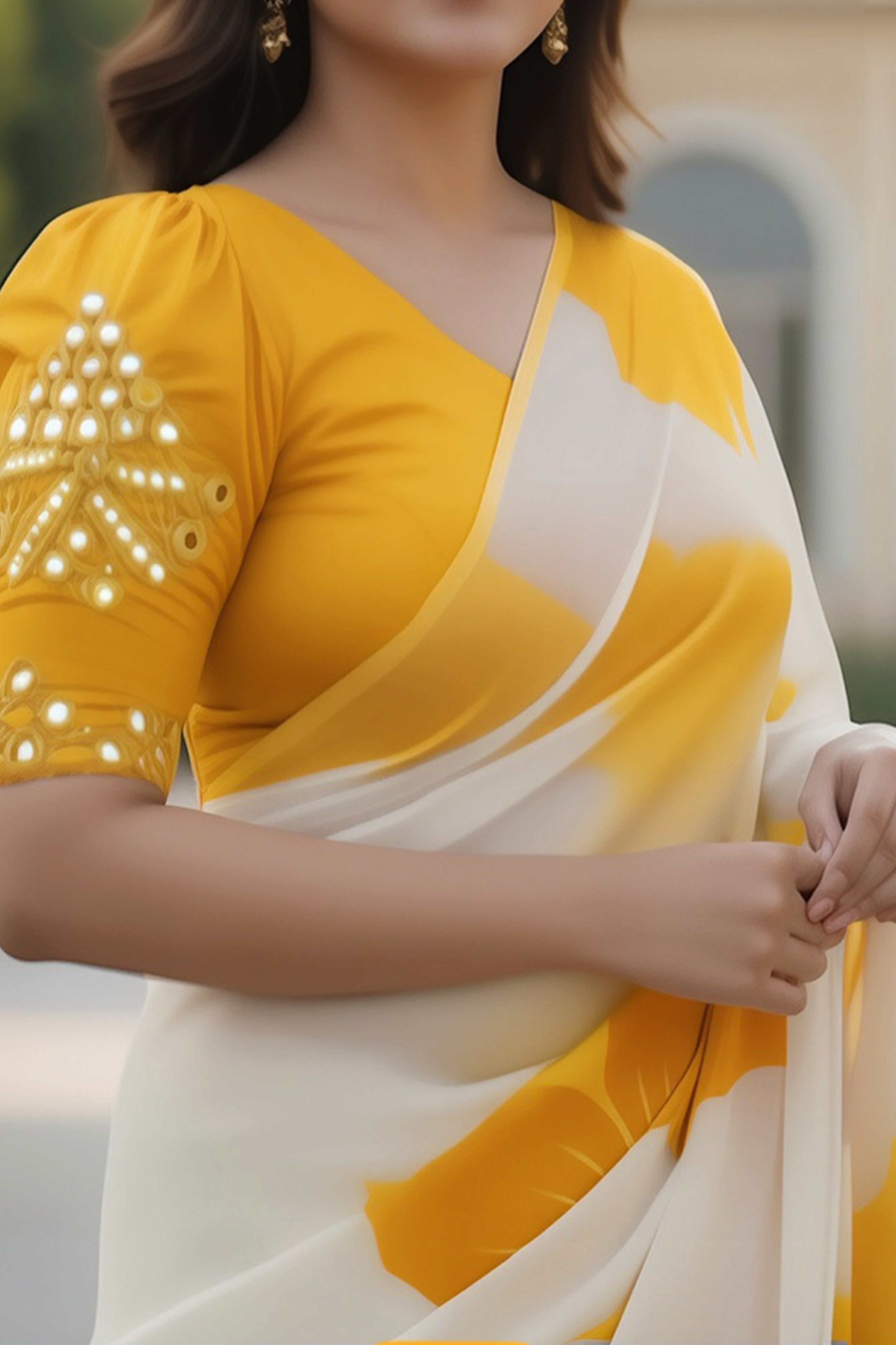 White & Yellow Organza Saree Featuring Delicate Floral Foil Prints