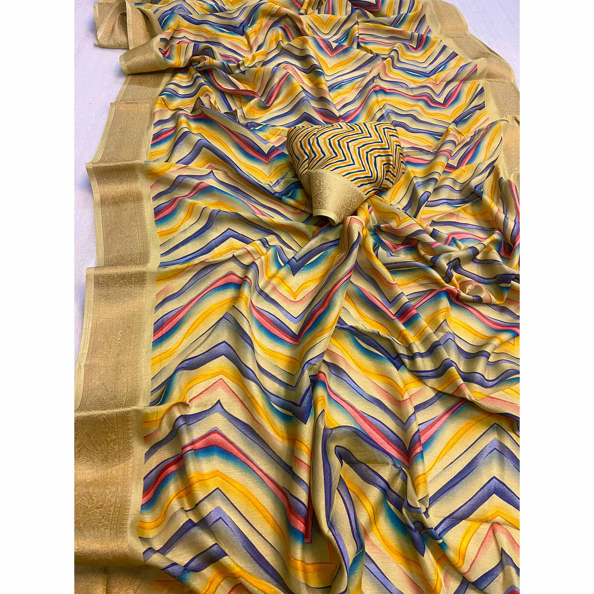 Mustard Zig Zag Printed Dola Silk Saree With Woven Border