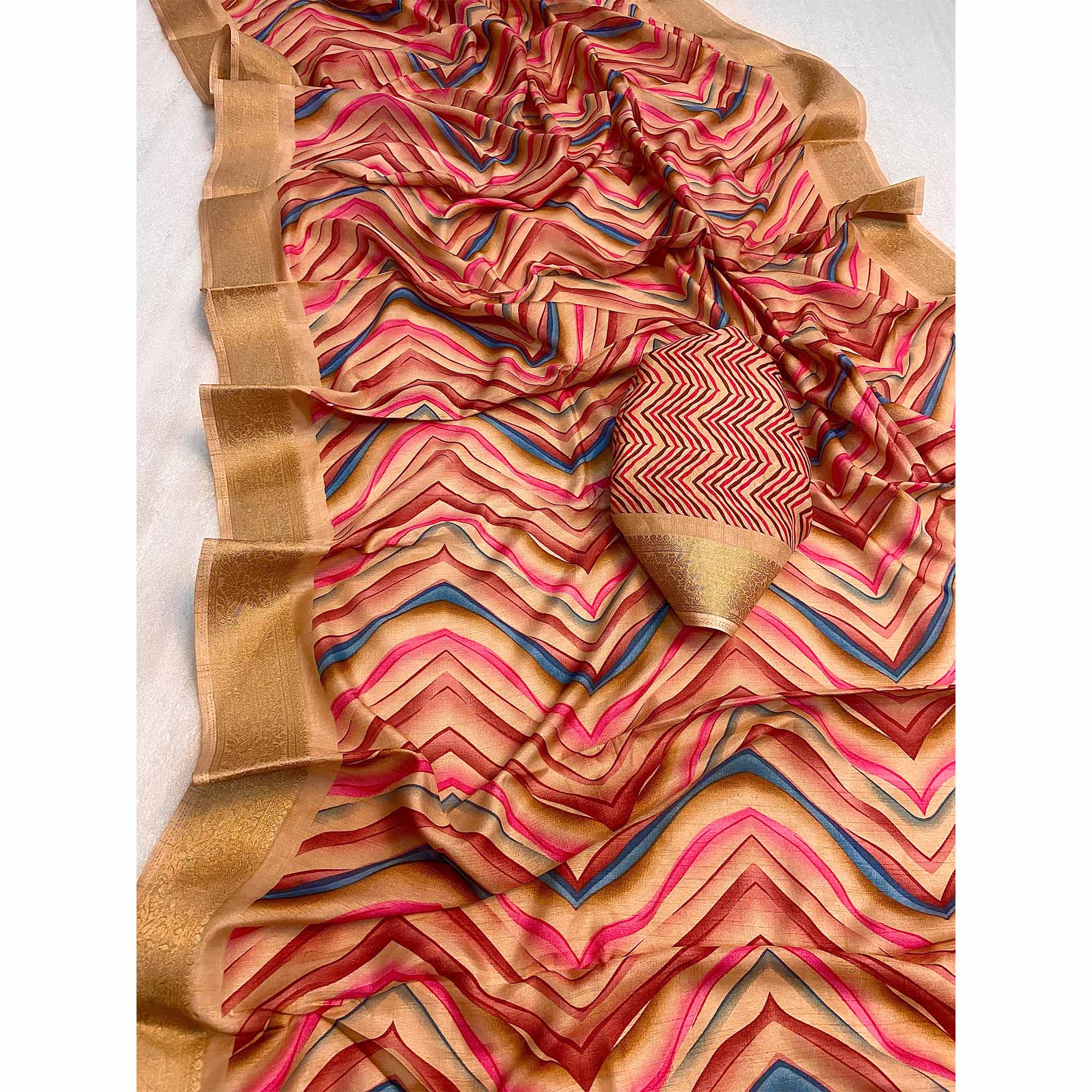 Peach Zig Zag Printed Dola Silk Saree With Woven Border