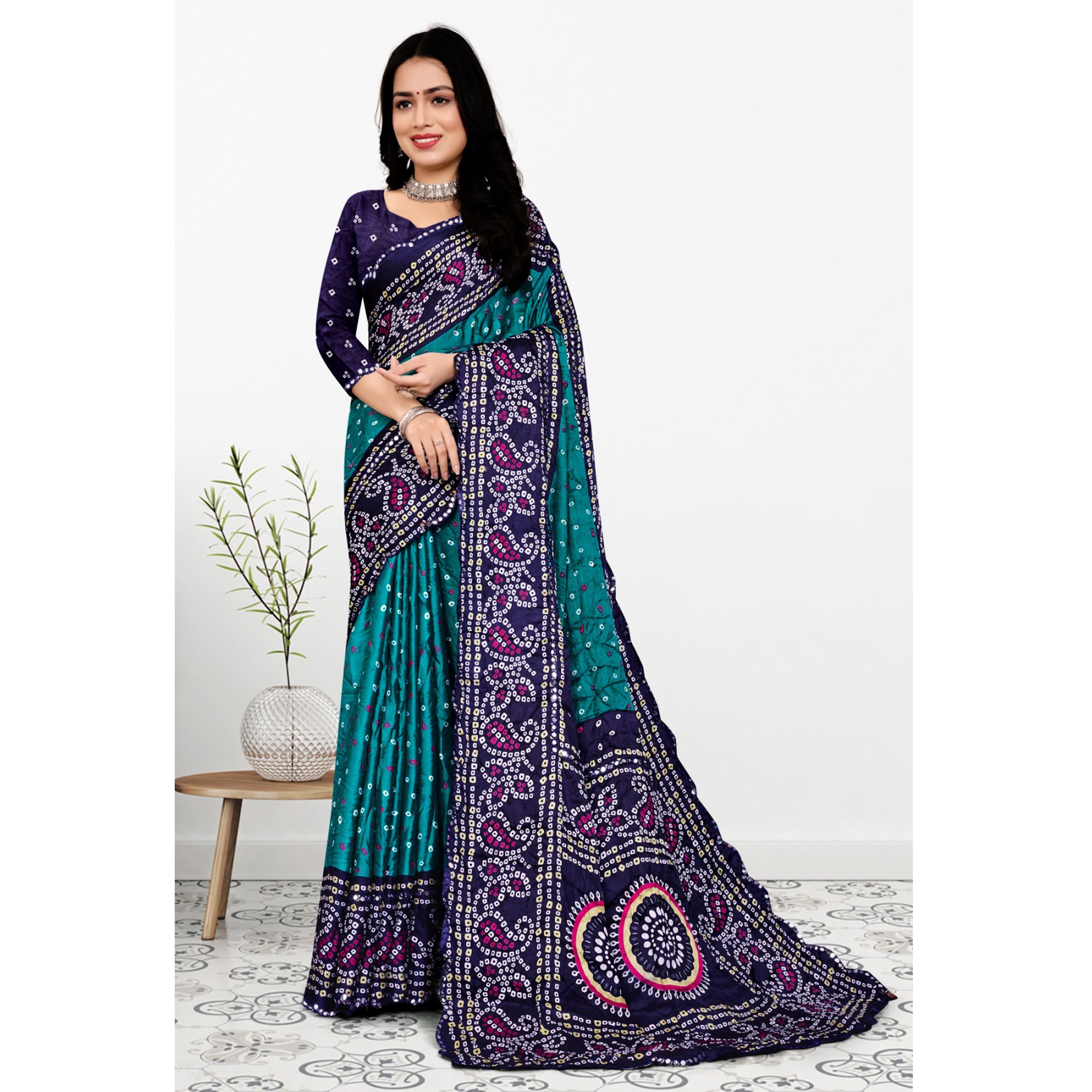 Blue Bandhani Printed Chiffon Saree With Mirror Border