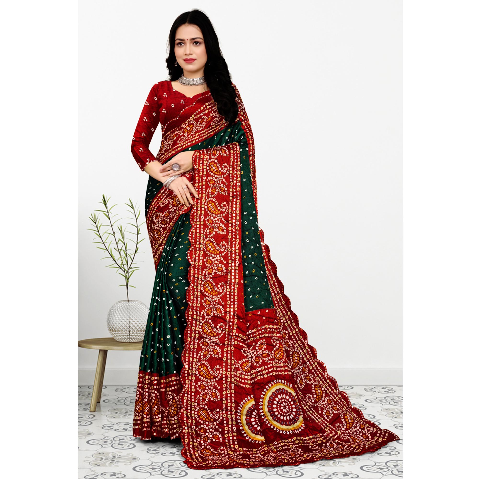 Green & Red Bandhani Printed Chiffon Saree With Mirror Border