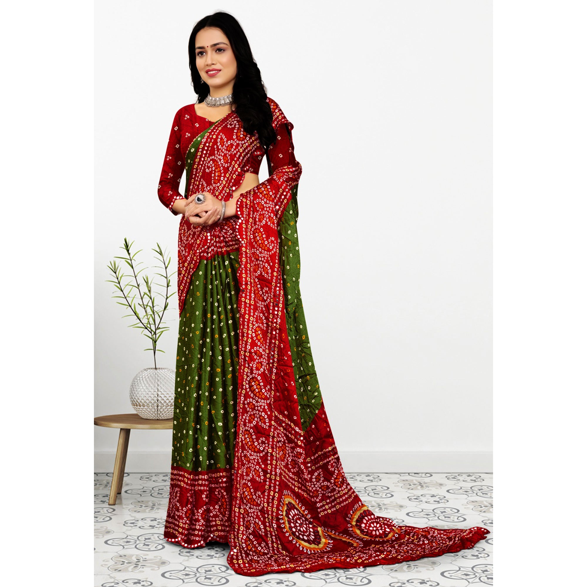 Light Green & Red Bandhani Printed Chiffon Saree With Mirror Border