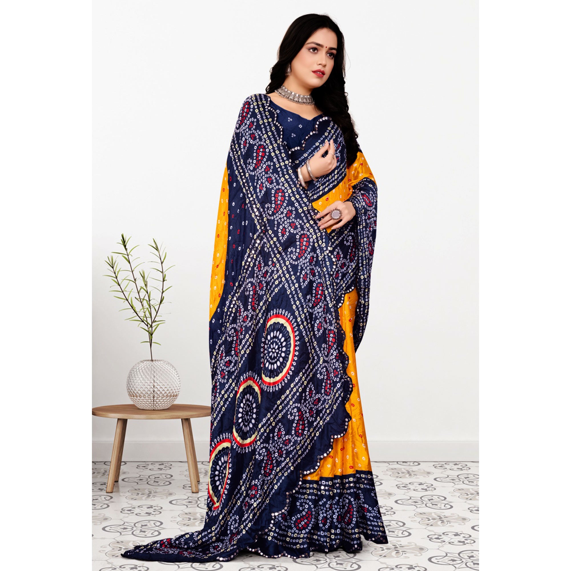 Mustard & Blue Bandhani Printed Chiffon Saree With Mirror Border