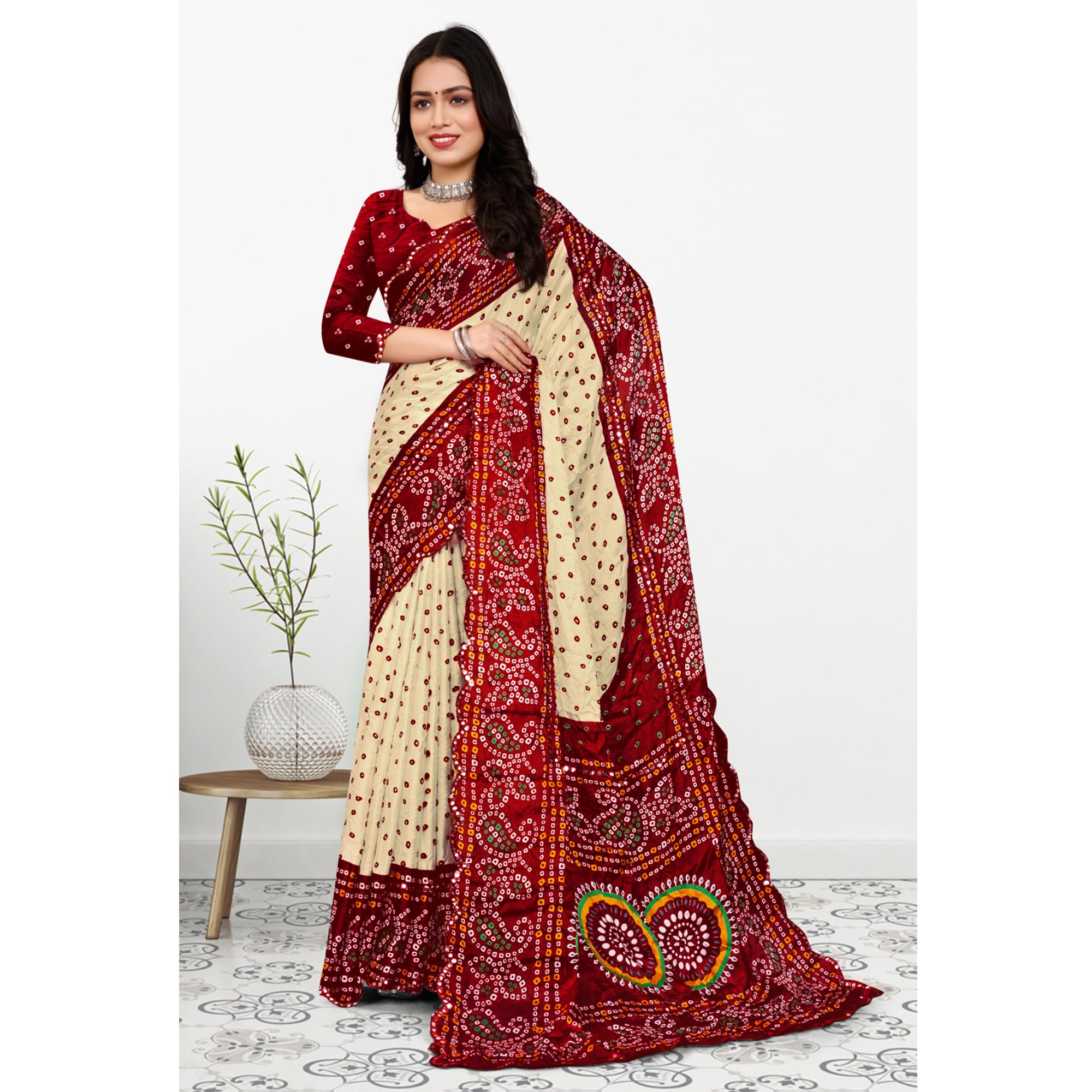 Off White & Red Bandhani Printed Chiffon Saree With Mirror Border